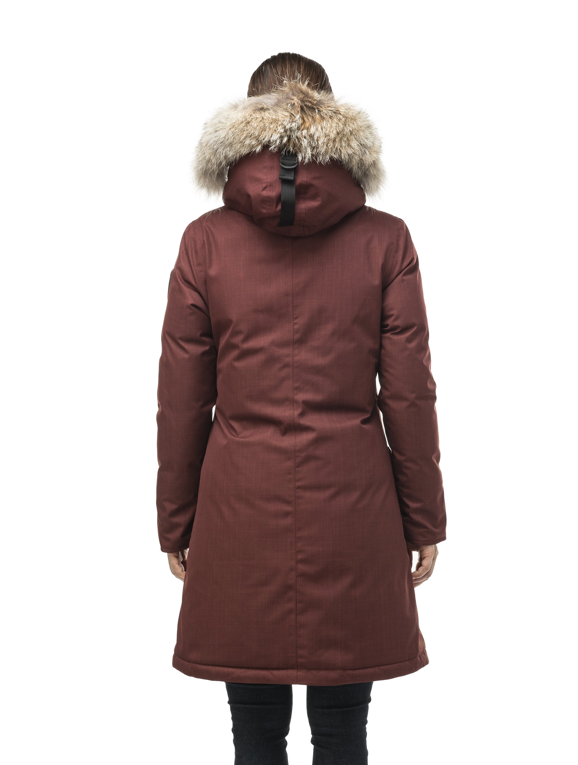 Best selling women's down filled knee length parka with removable down filled hood in CH Rum