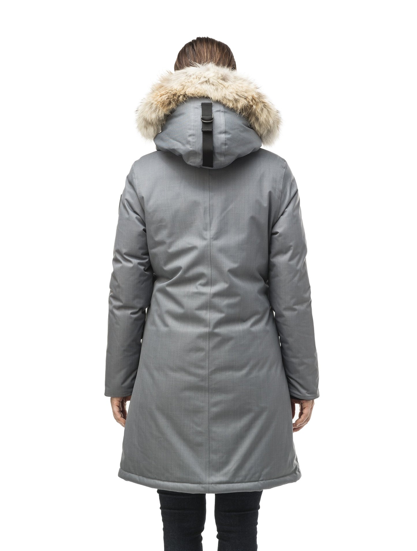 Best selling women's down filled knee length parka with removable down filled hood in CH Concrete