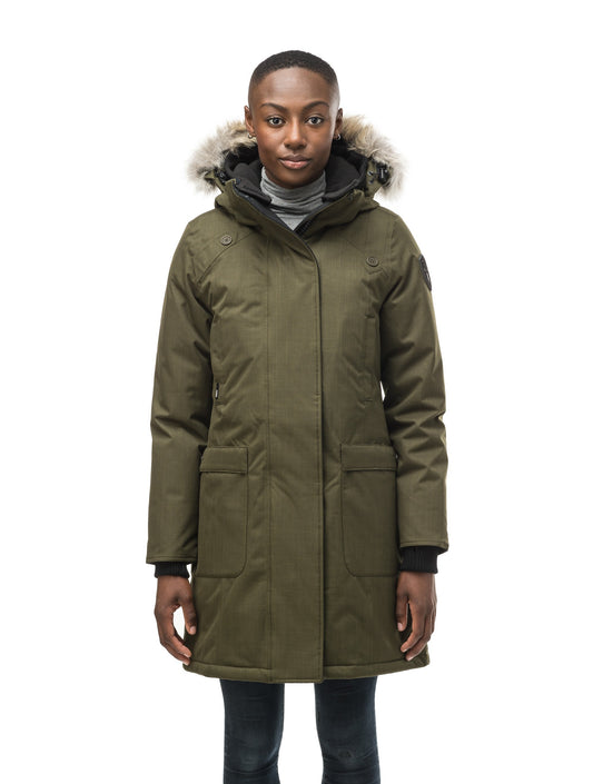 Best selling women's down filled knee length parka with removable down filled hood in CH Fatigue