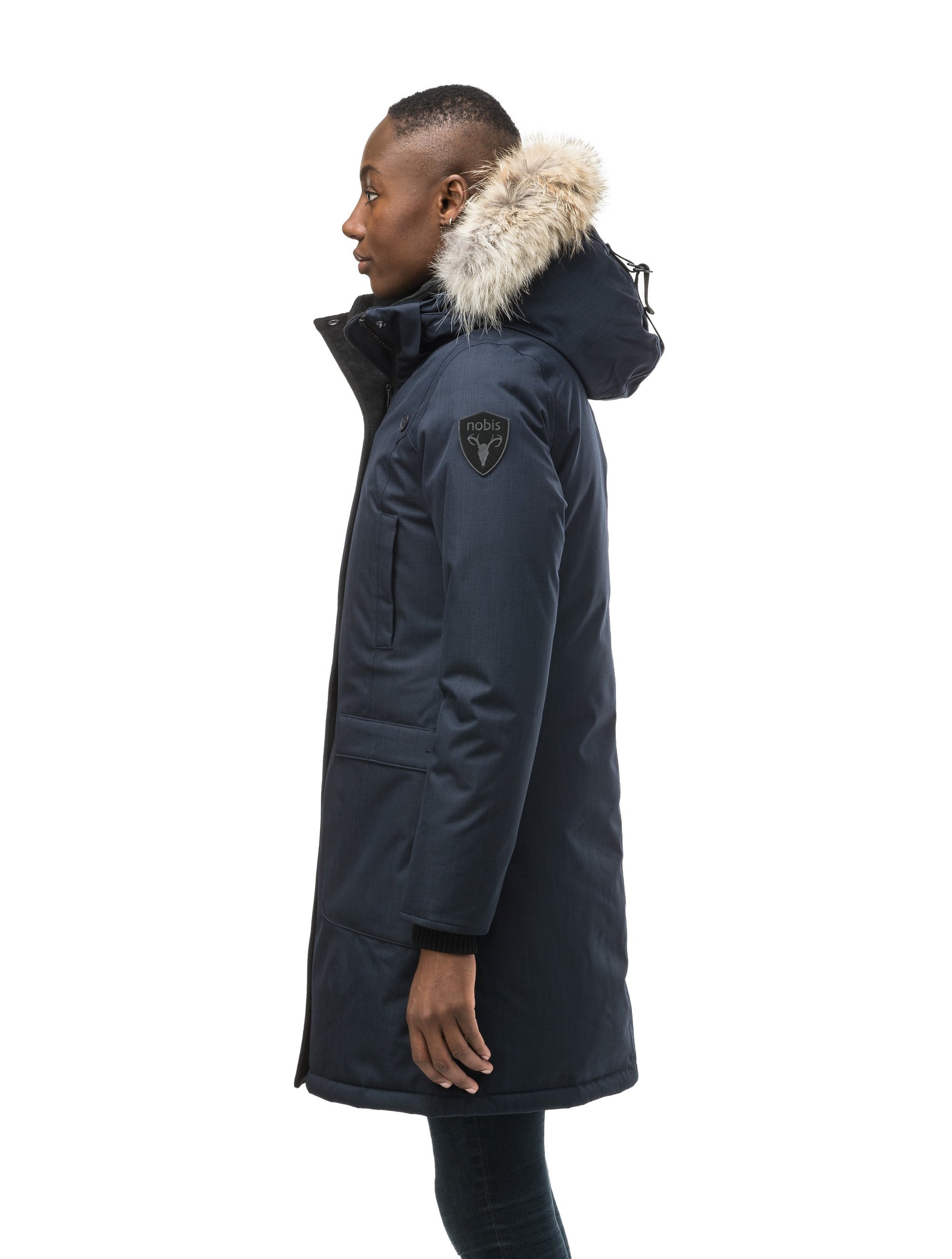 Best selling women's down filled knee length parka with removable down filled hood in CH Navy