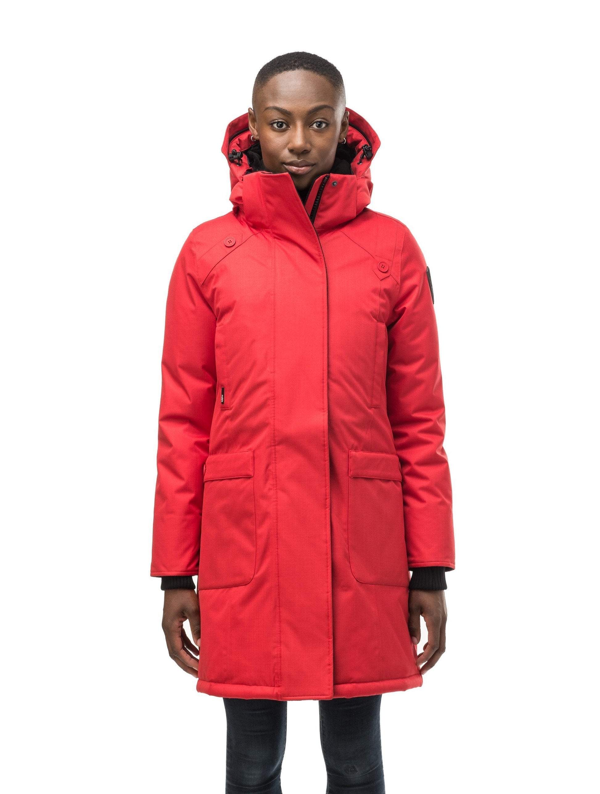 Best selling women's down filled knee length parka with removable down filled hood in CH Red
