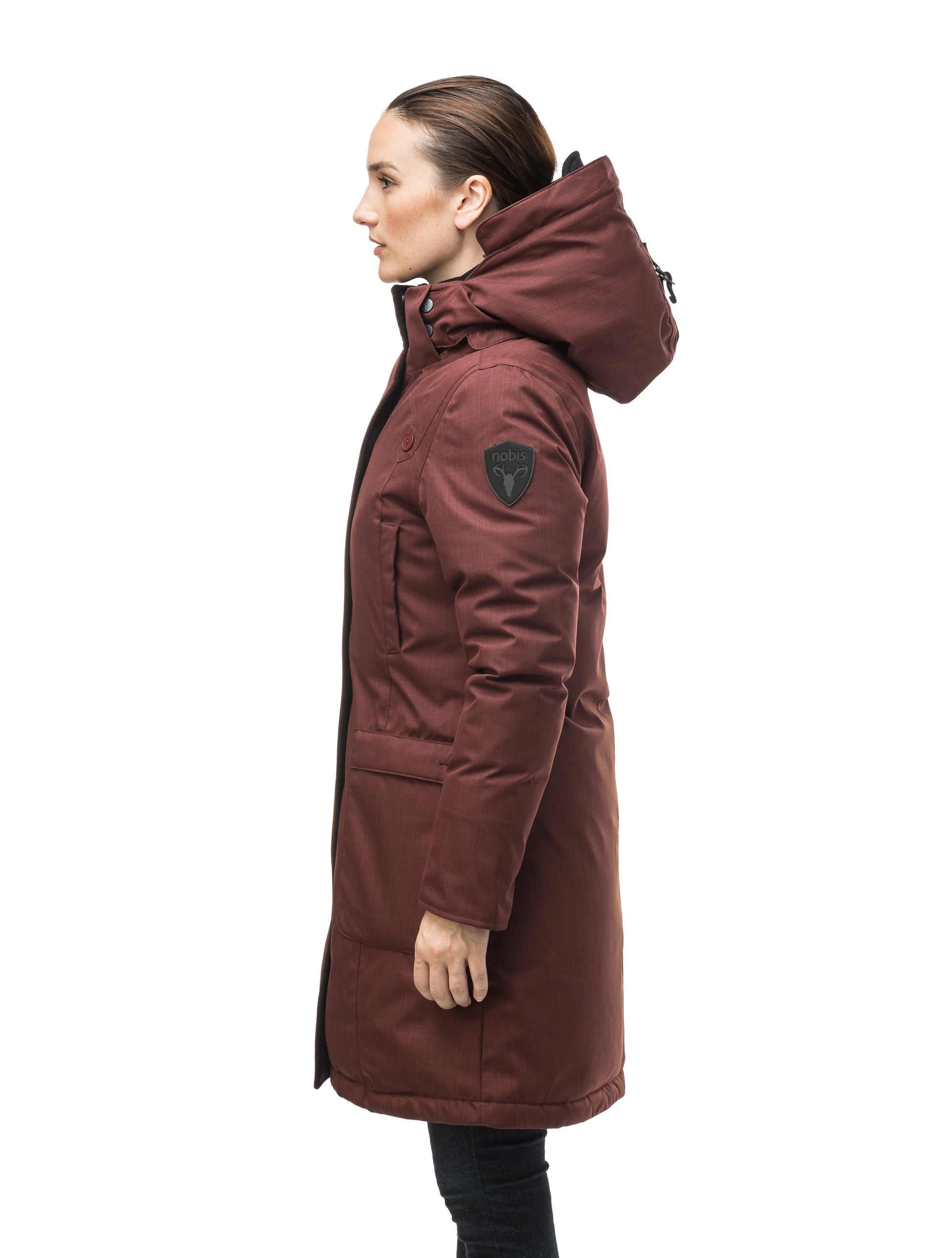 Best selling women's down filled knee length parka with removable down filled hood in CH Rum