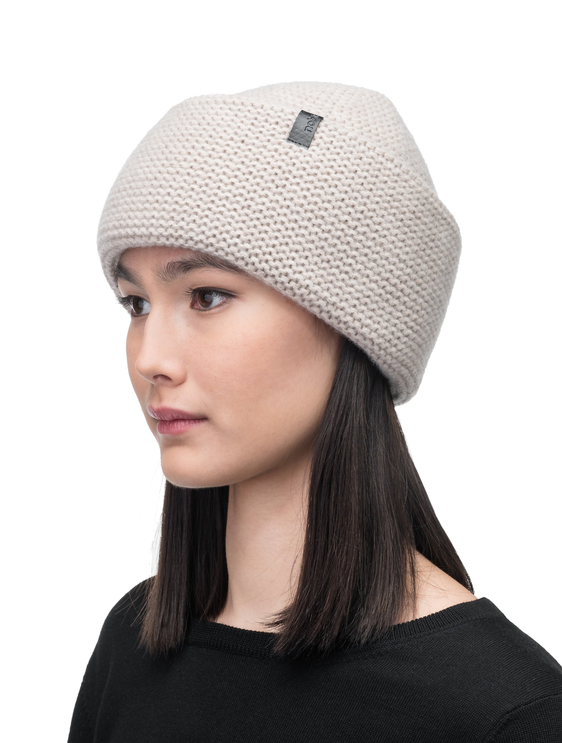Mira Unisex Purl Knit Beanie in superfine merino wool and cashmere, and Nobis leather label at cuff, in Khaki