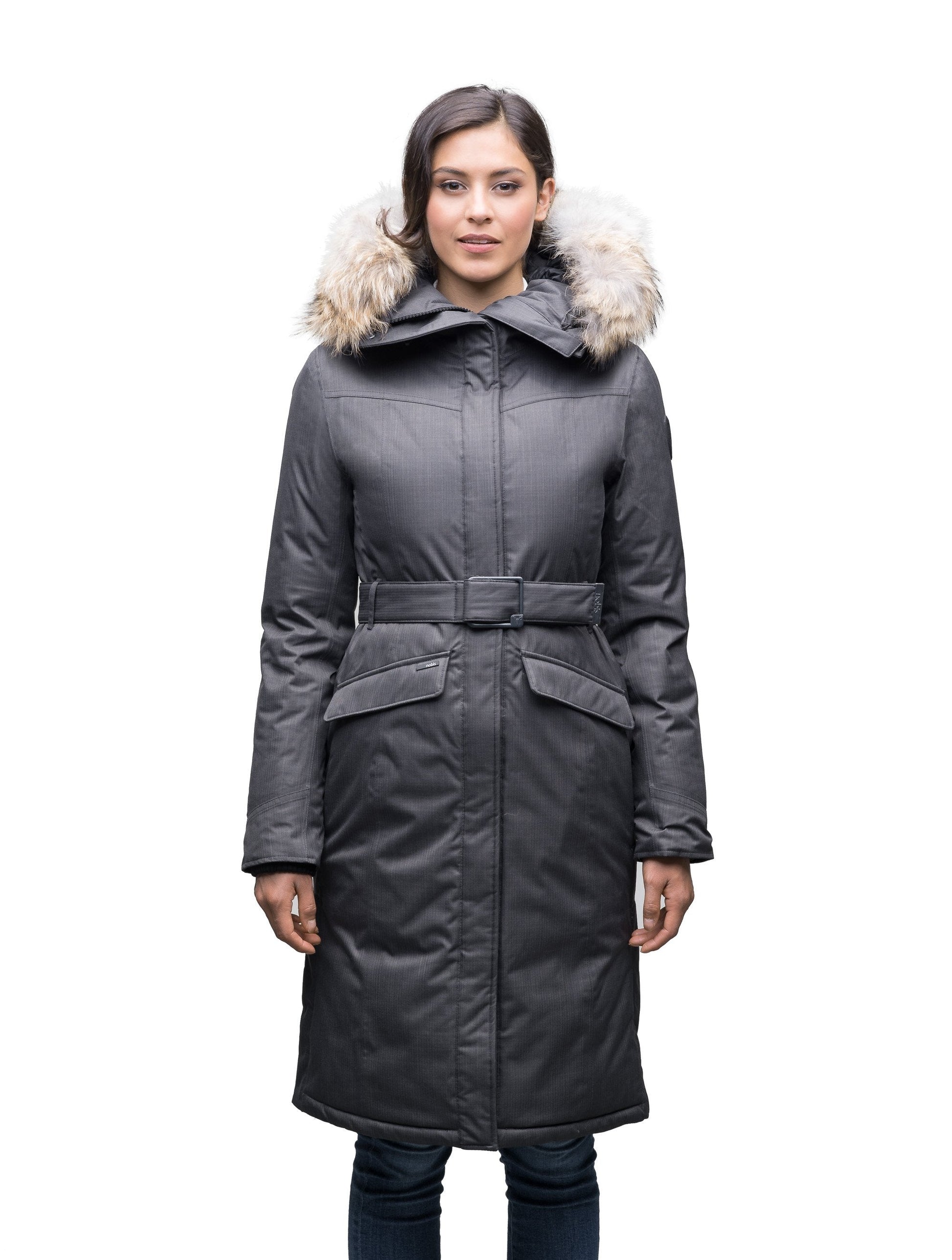 Women's maxi down filled parka with calf length hem in CH Steel Grey
