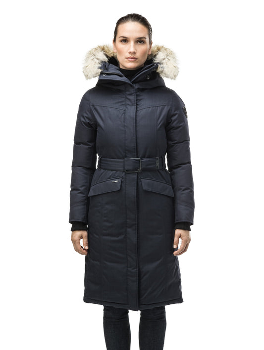 Women's maxi down filled parka with calf length hem in Navy