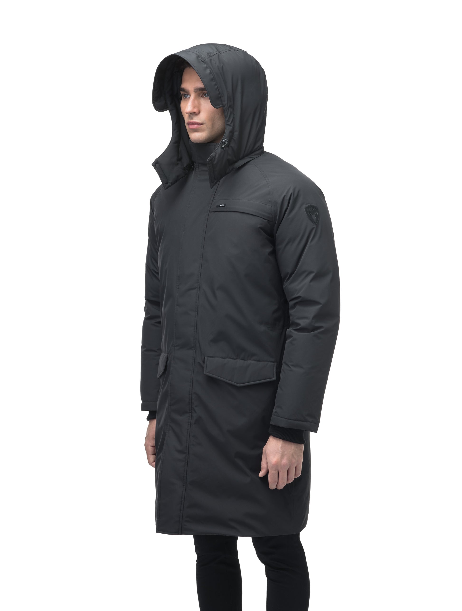 Men's knee length down-filled parka with removable hood in Black