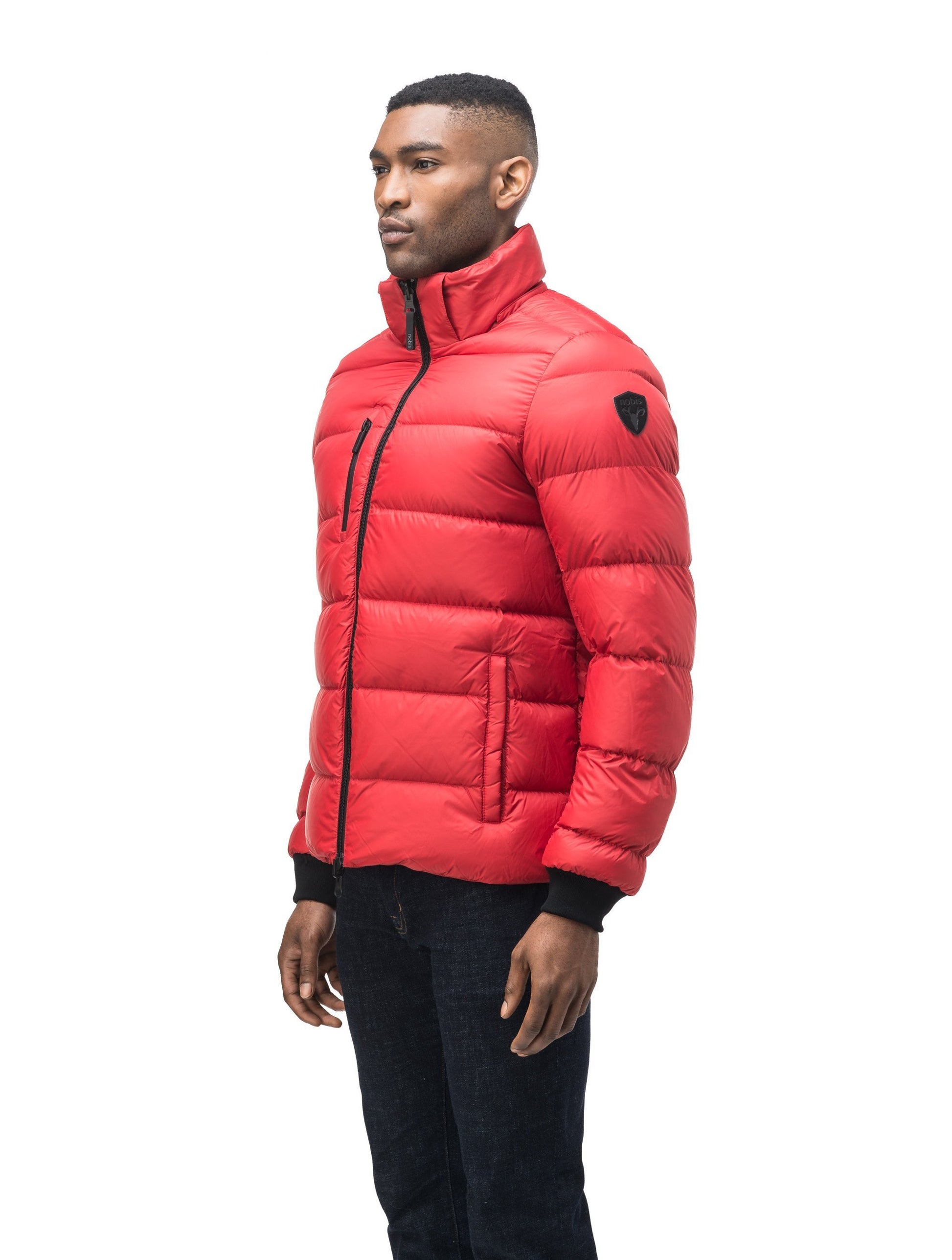 Hip length, reversible men's down filled jacket with removable hood in Vermillion