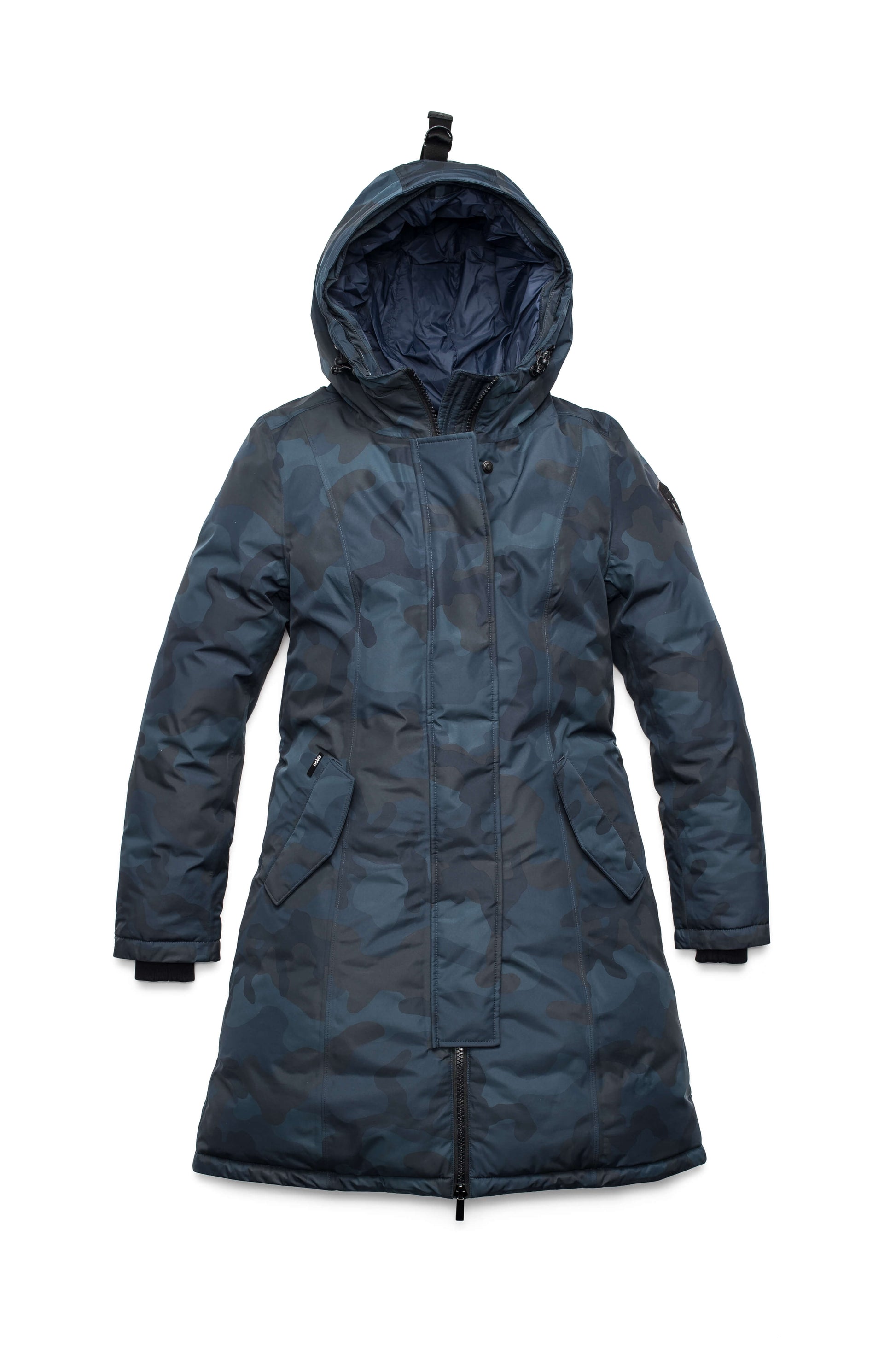 Ladies thigh length down-filled parka with non-removable hood in Navy Camo