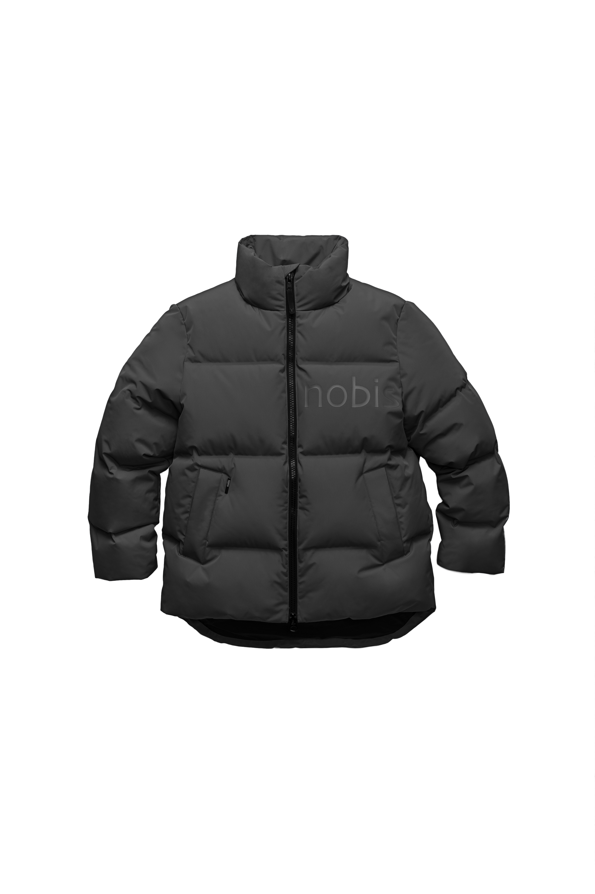 Women's puffer jacket with a minimalist modern design; featuring graphic details like oversized tonal branding, an exposed zipper, and seamless puffer channels to lock in the Premium Canadian Origin White Duck Down in Black