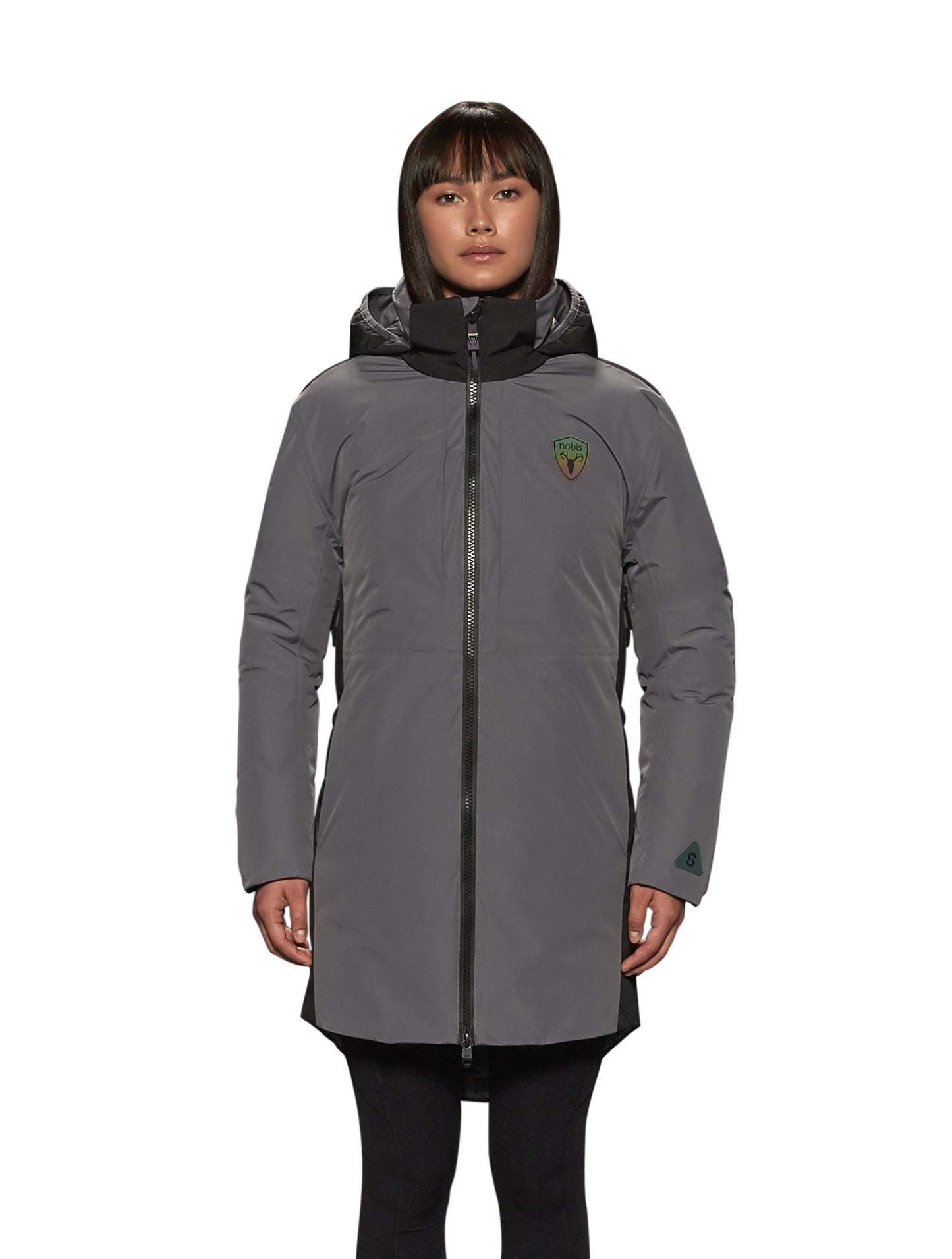 Unisex thigh length down parka with a contrast colour back panel, hidable waterproof hood, and hidden zipper pockets at chest and waist, in Concrete/Black