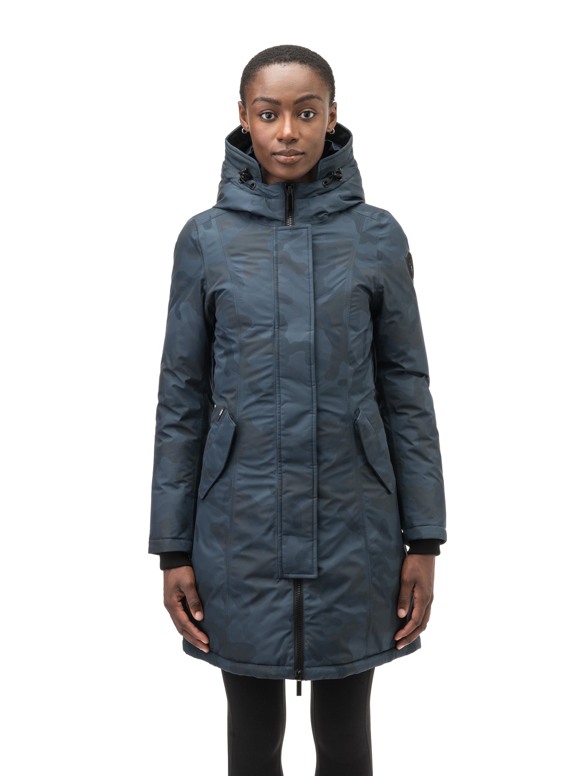 Ladies thigh length down-filled parka with non-removable hood and removable coyote fur trim in Navy Camo