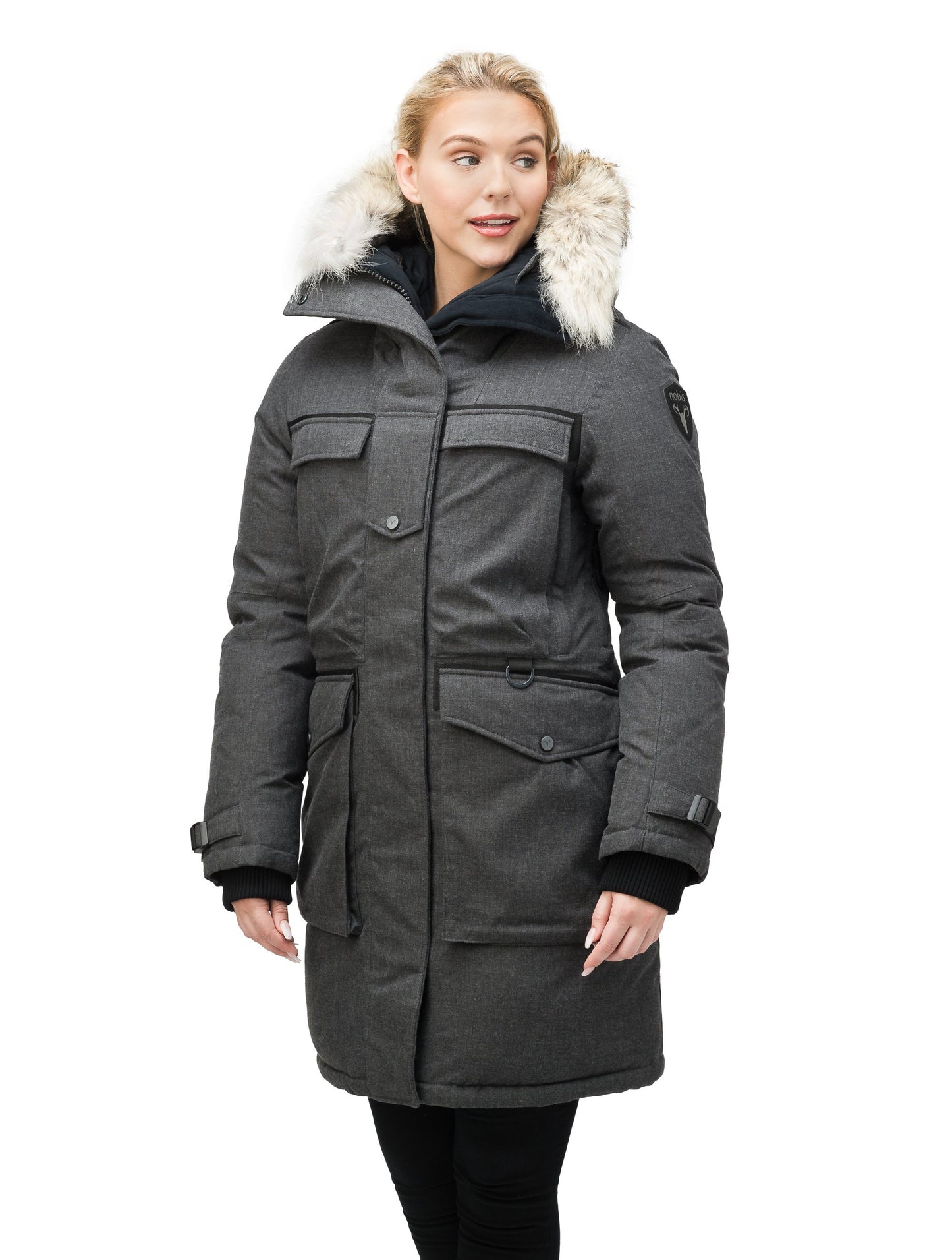 Women's extreme parka with our highest down filling and a removable down filled hood in H. Charcoal