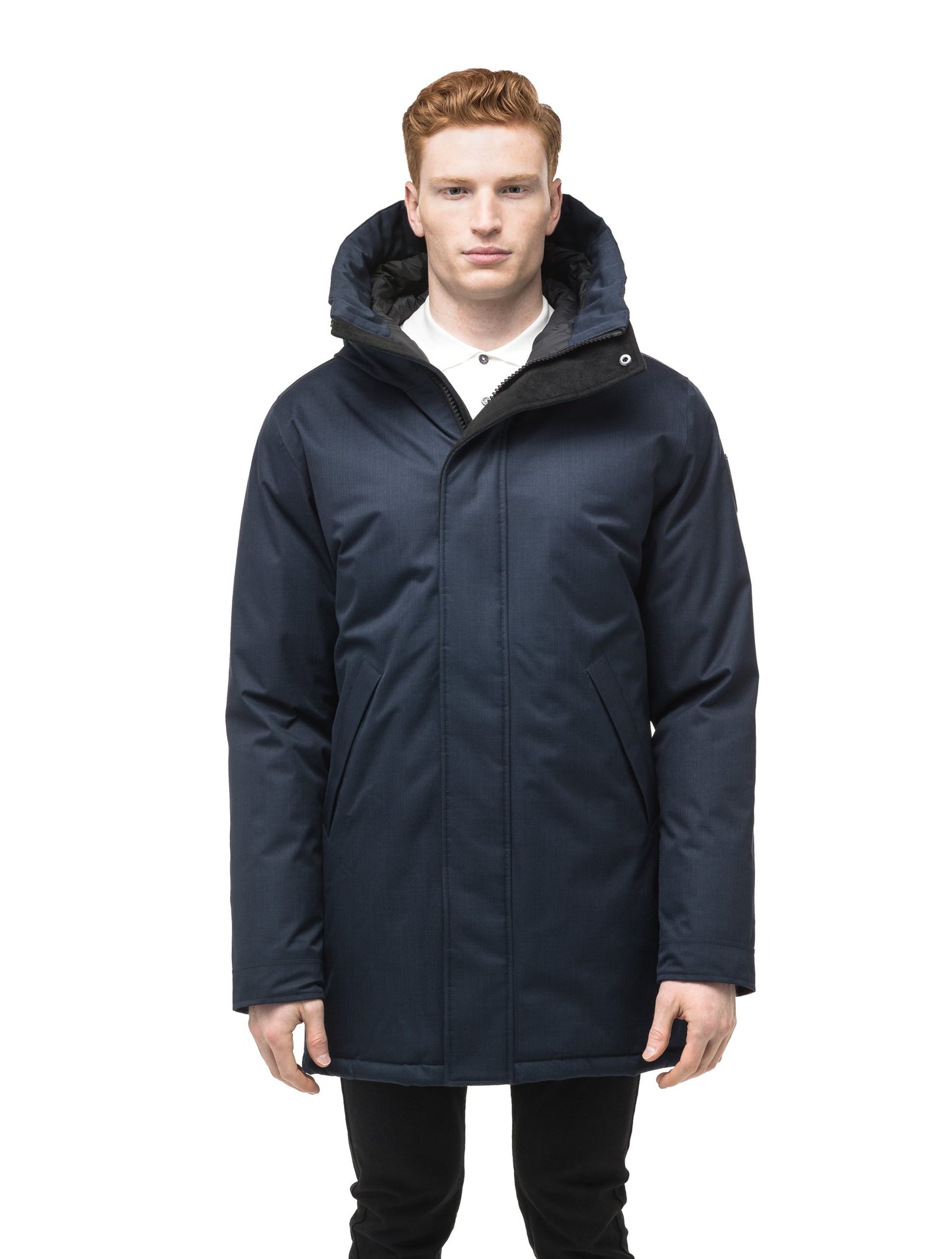 Pierre Men's Jacket in thigh length, Canadian white duck down insulation, non-removable down-filled hood, angled waist pockets, centre-front zipper with wind flap, and elastic ribbed cuffs, in CH Navy