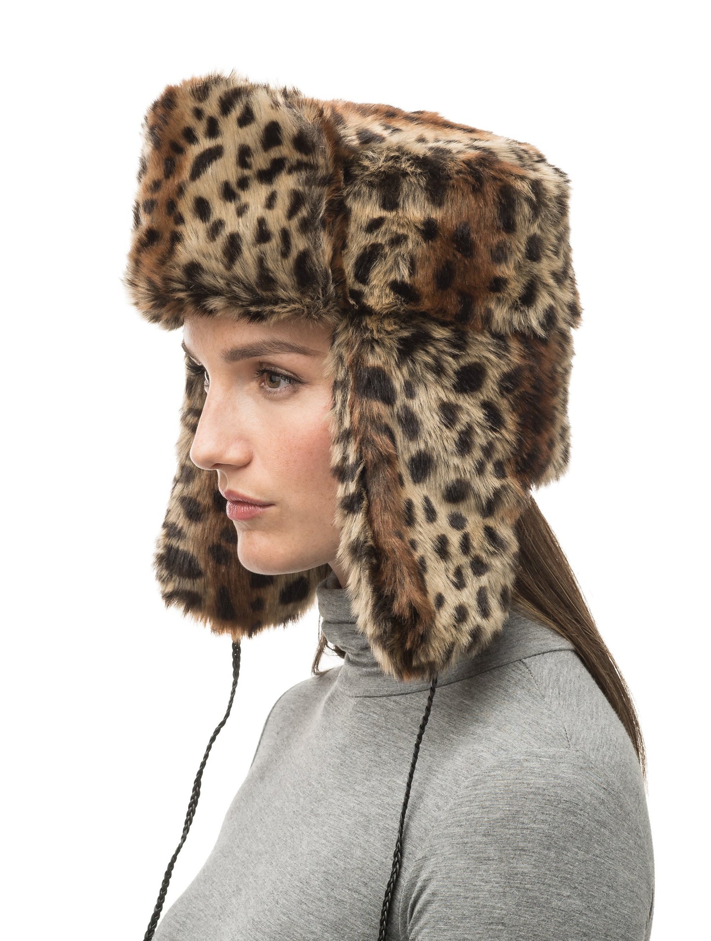 Leopard faux fur fargo trapper hat