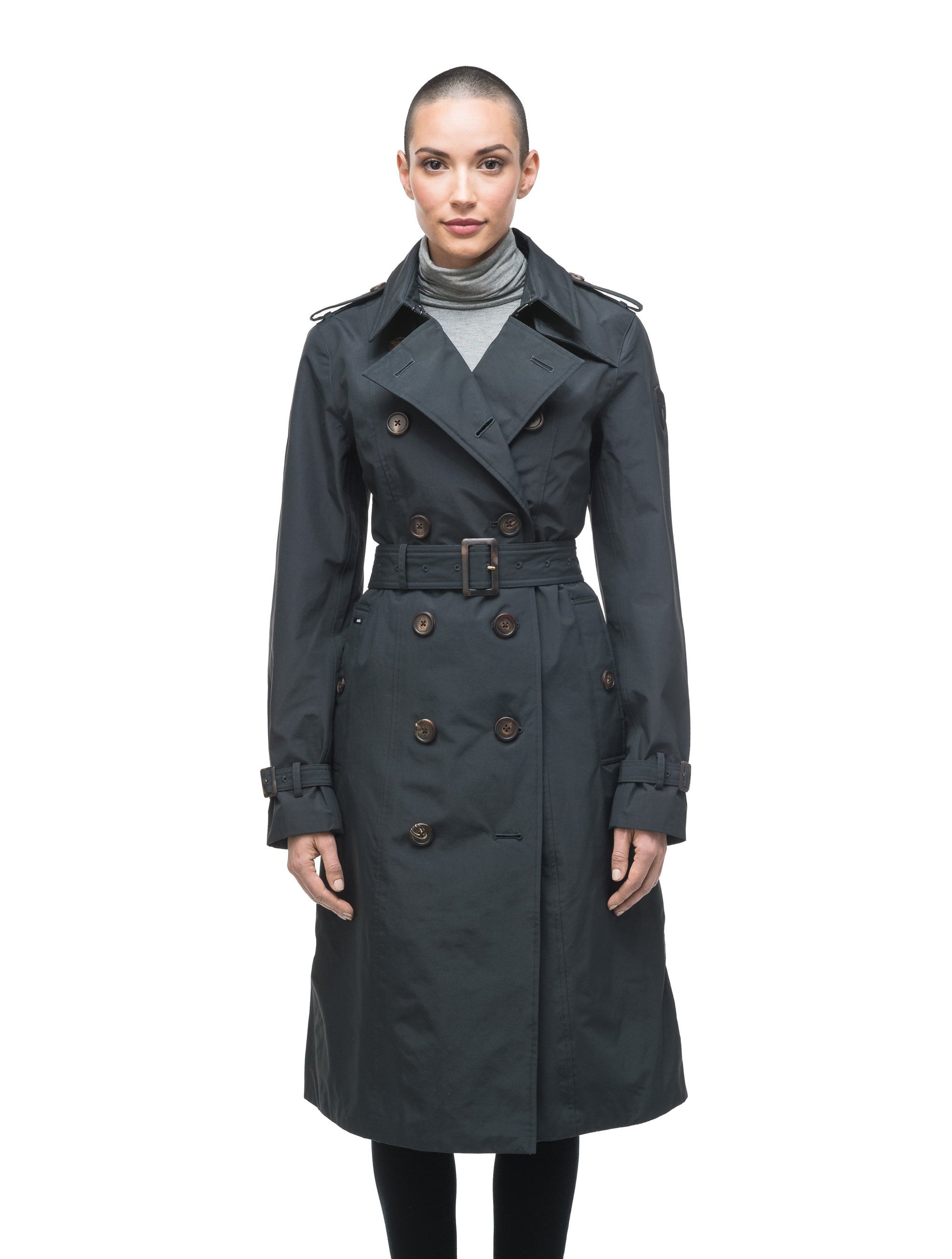 Women's knee length trench coat with removable belt in Navy
