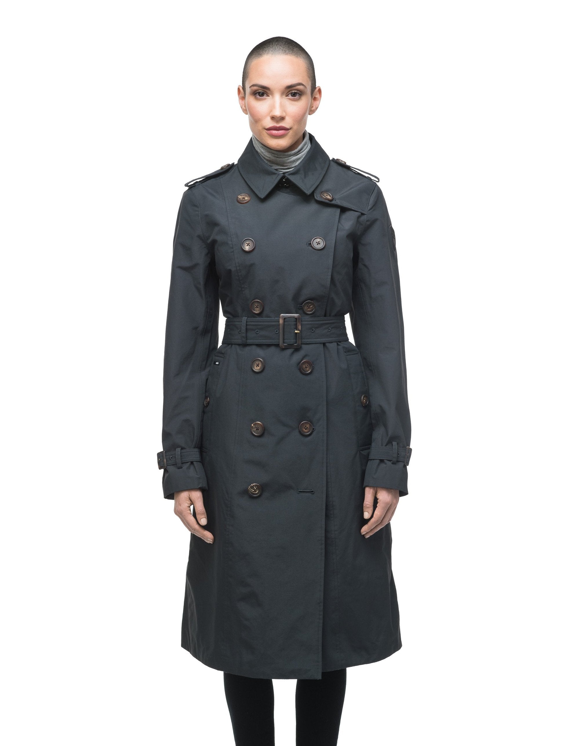 Women's knee length trench coat with removable belt in Black