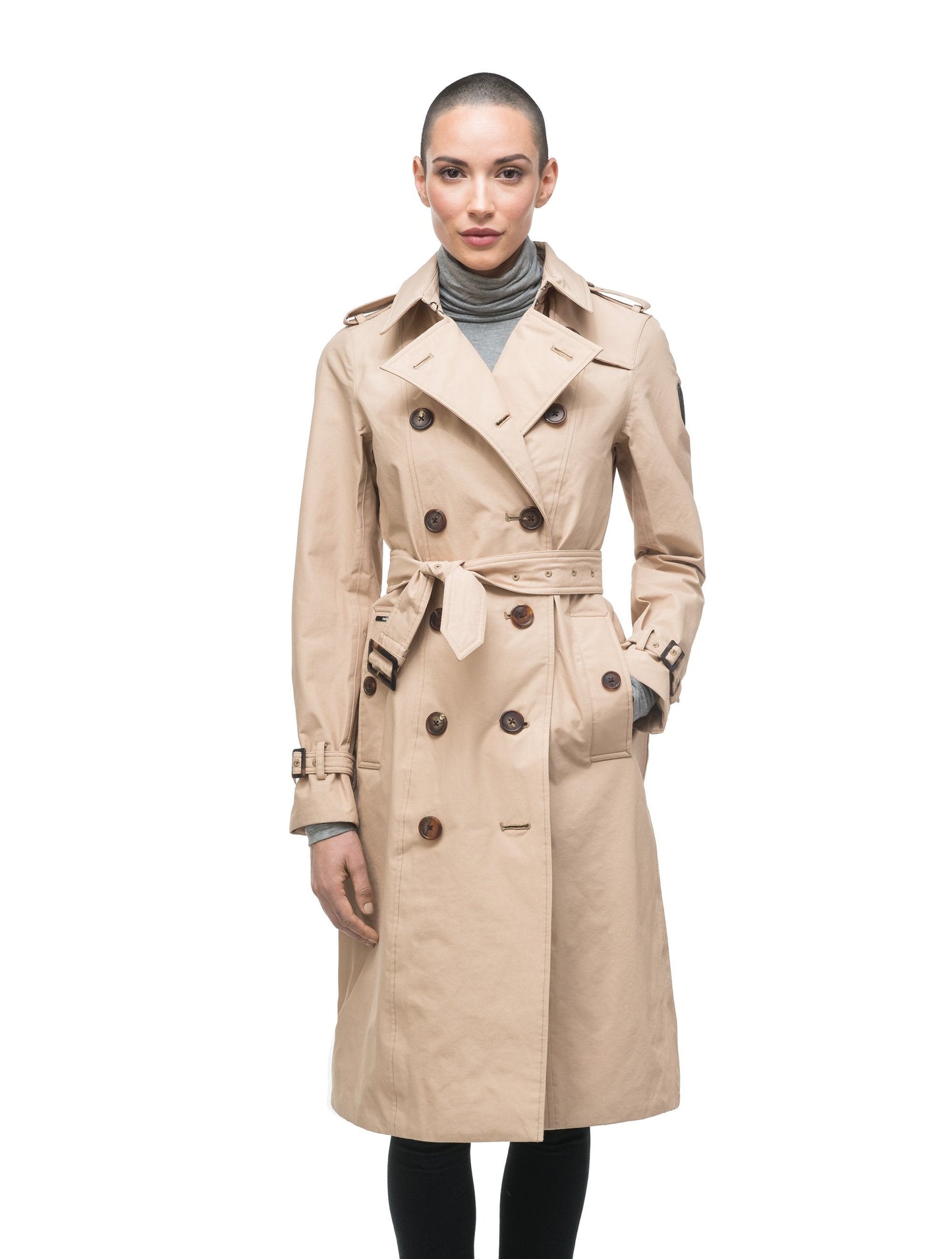 Women's knee length trench coat with removable belt in Fawn