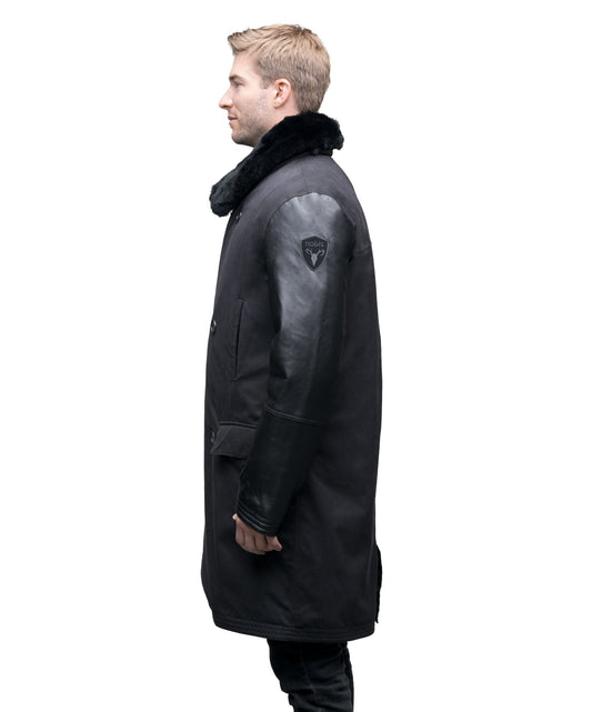 Men's down filled coat with machine washable leather sleeves, removable liner, and Rex Rabbit fur ruff in Black