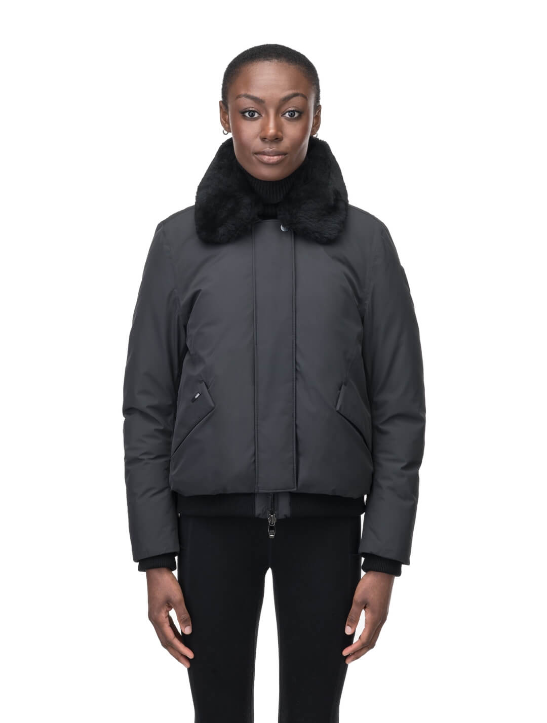 Rae Ladies Aviator Jacket in hip length, Canadian duck down insulation, removable shearling collar with hidden tuckable hood, and two-way front zipper, in Black