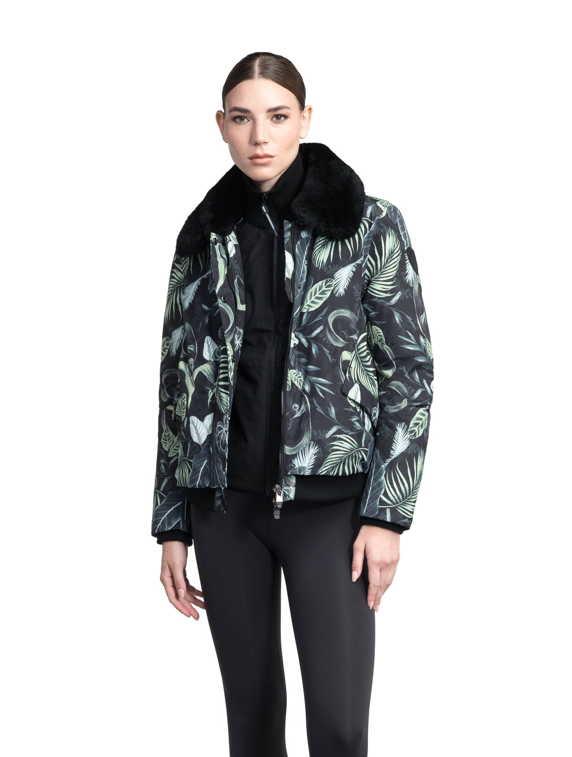Rae Ladies Aviator Jacket in hip length, Canadian duck down insulation, removable shearling collar with hidden tuckable hood, and two-way front zipper, in Foliage
