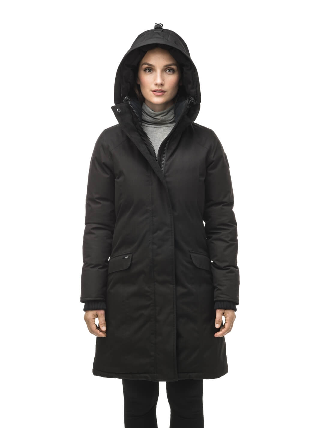 Rebecca Women's Parka in knee length, Canadian duck down insulation, two-way zipper with magnetic front placket, non-removable hood with removable coyote fur trim, in Black
