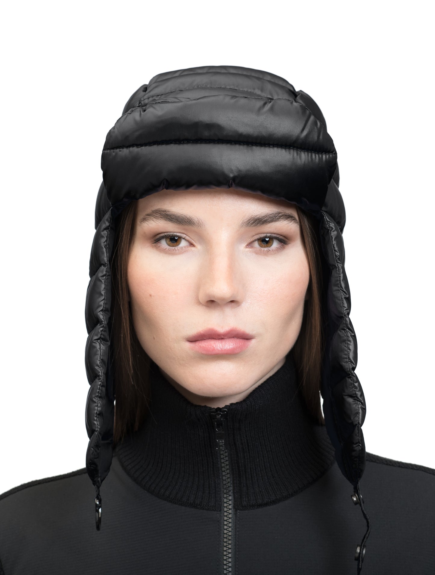 Unisex down-filled quilted fargo hat with adjustable chin strap in Black