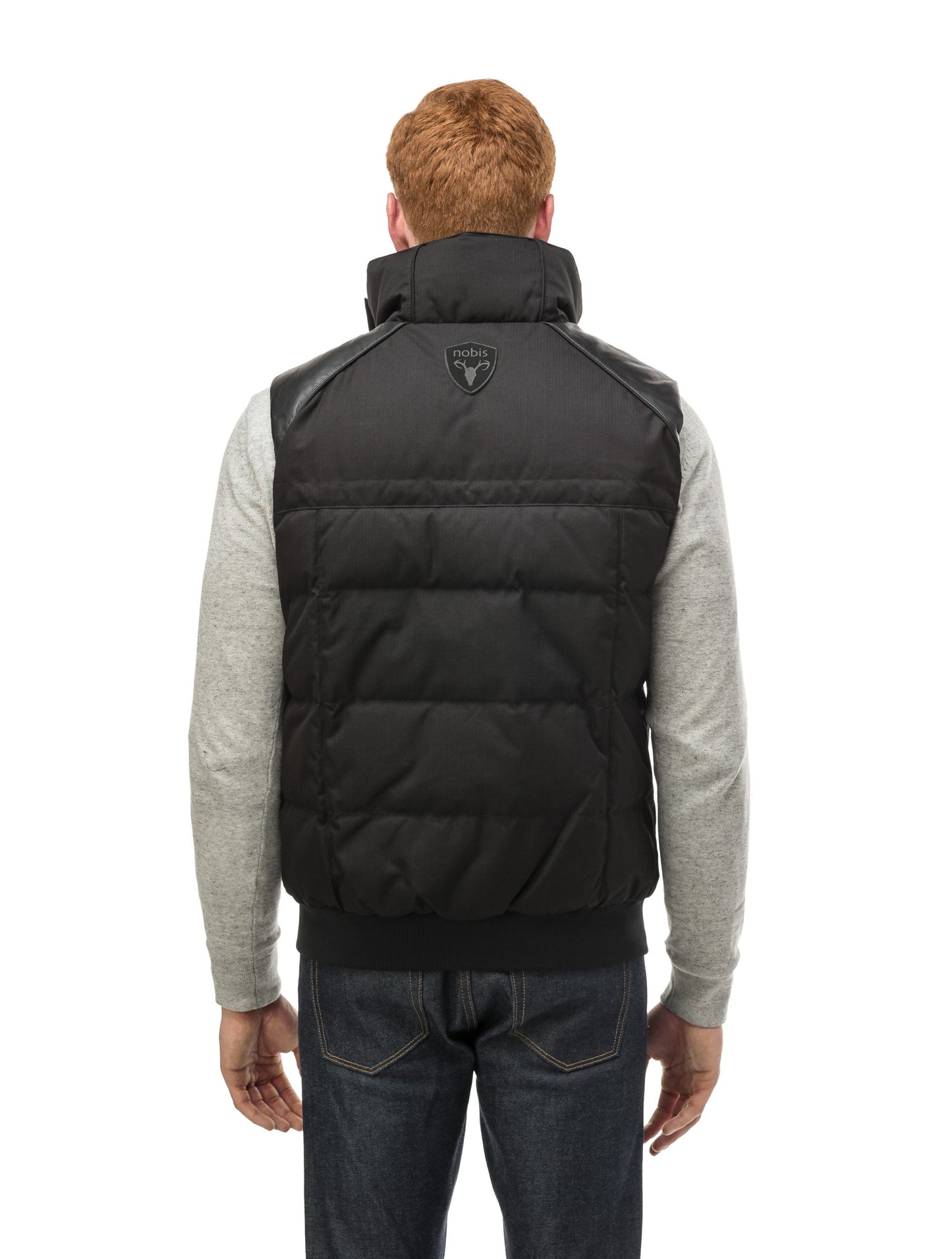 Men's down filled vest with Washable Japanese DWR leather acccent in CH Black