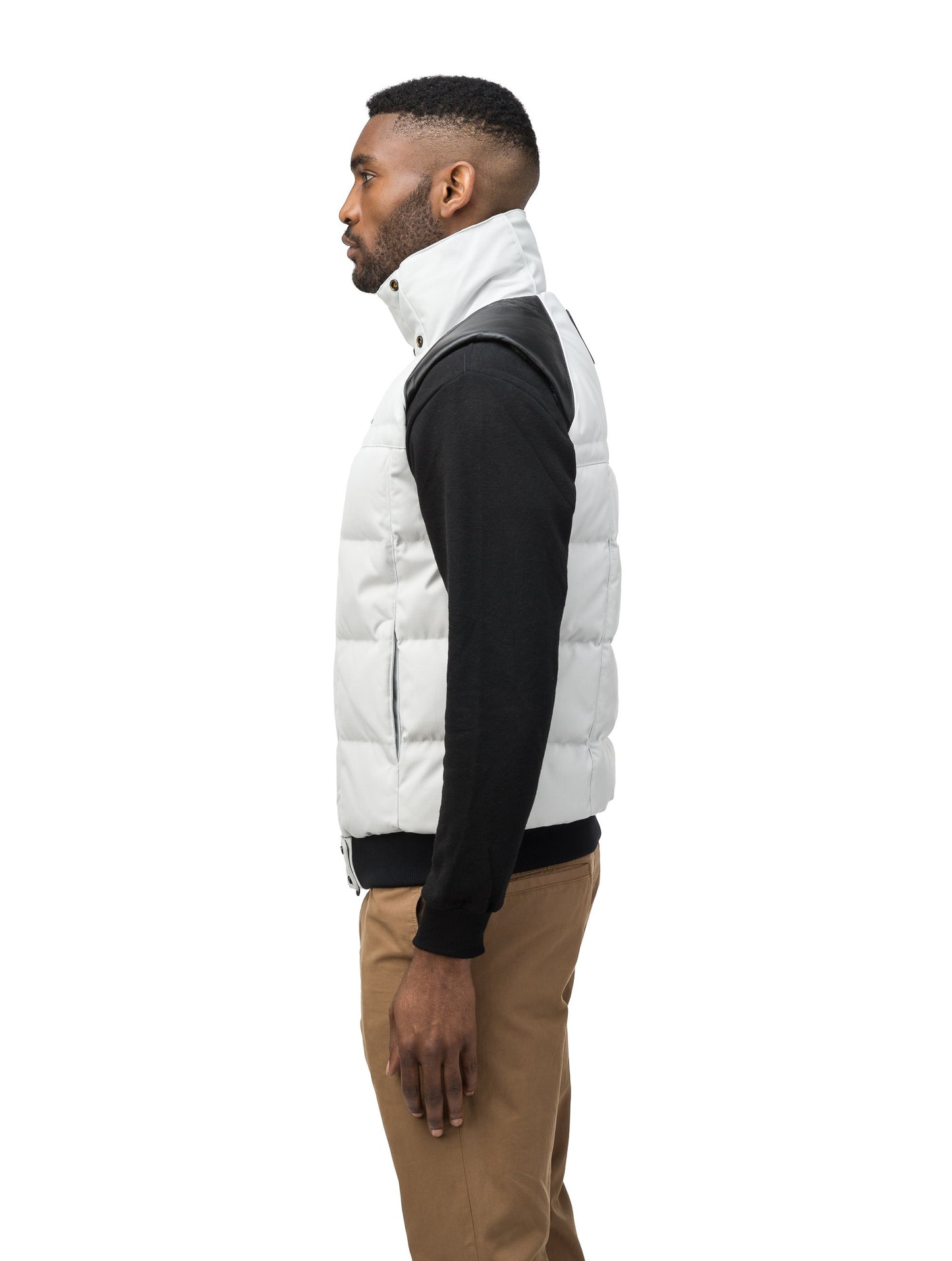 Men's down filled vest with Washable Japanese DWR leather acccent in CH Light Grey