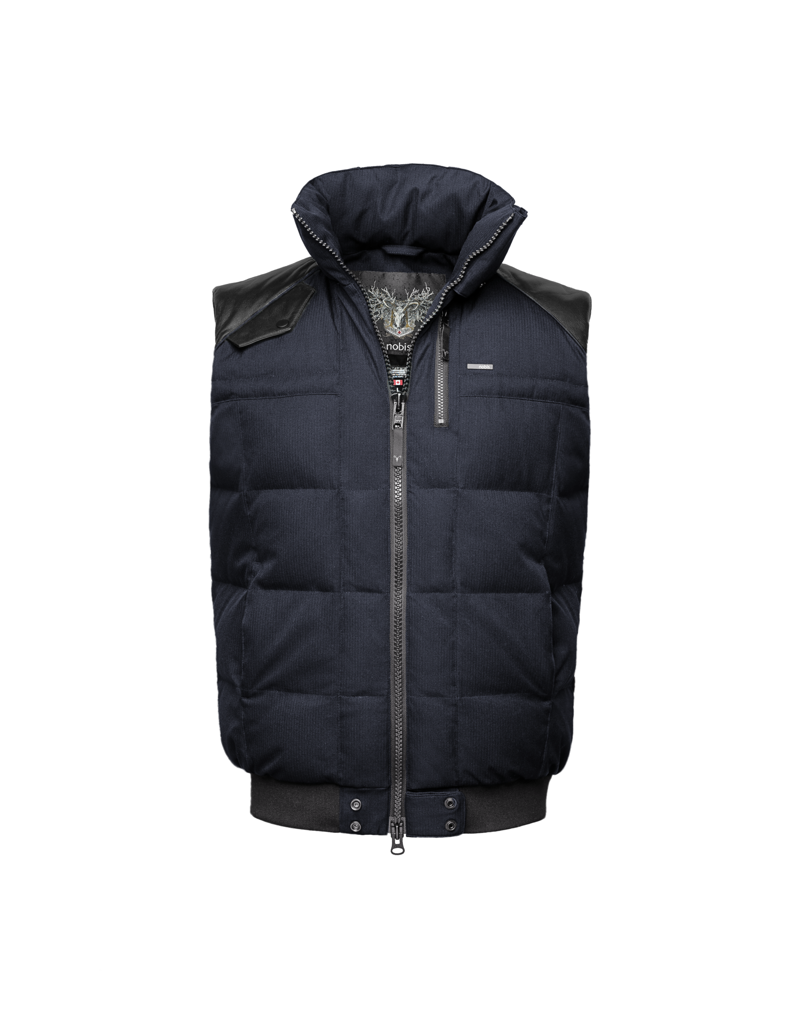 Men's down filled vest with Washable Japanese DWR leather acccent in CH Navy