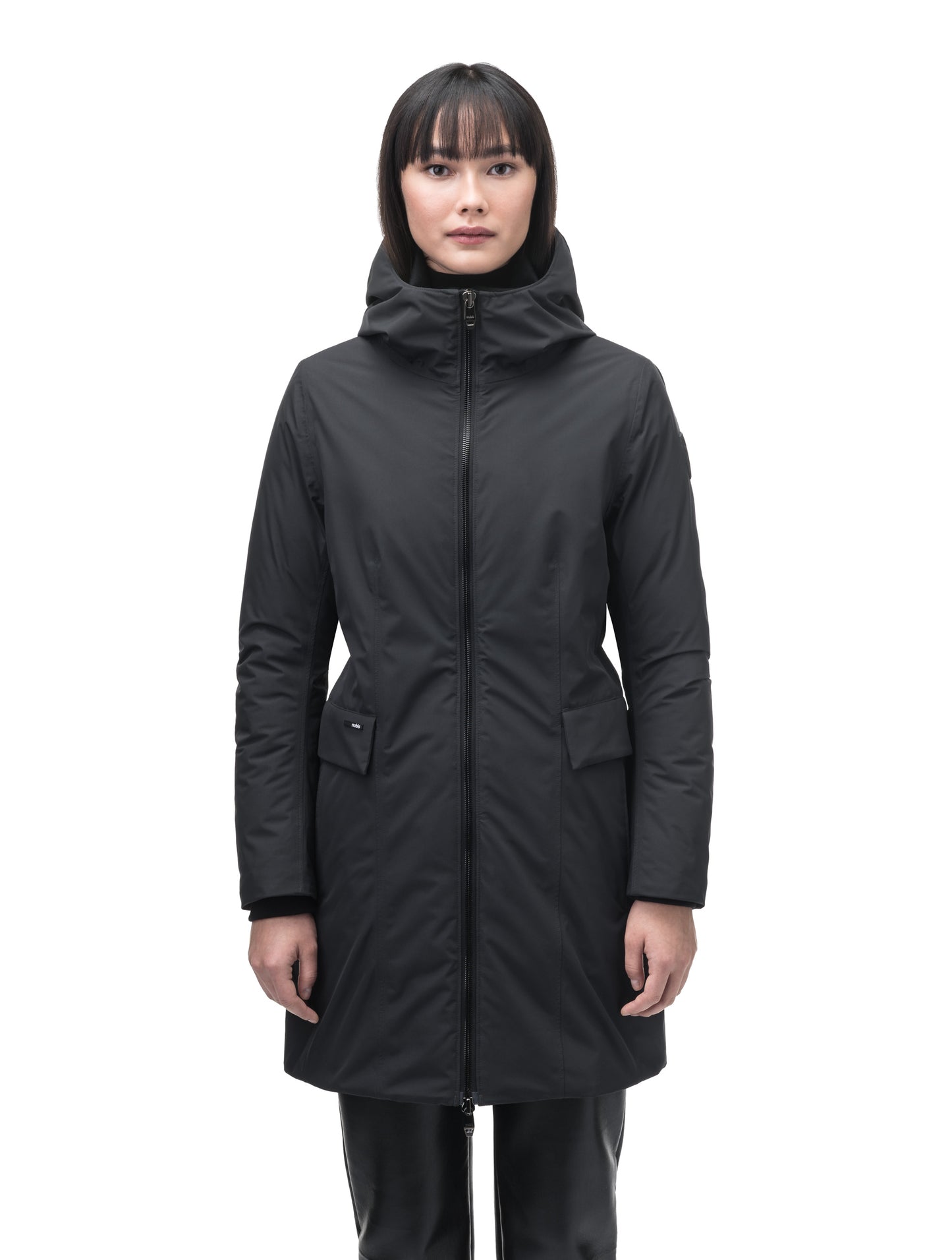 Romeda Furless Ladies Mid Thigh Parka in thigh length, Canadian duck down insulation, non-removable hood, and two-way front zipper, in Black