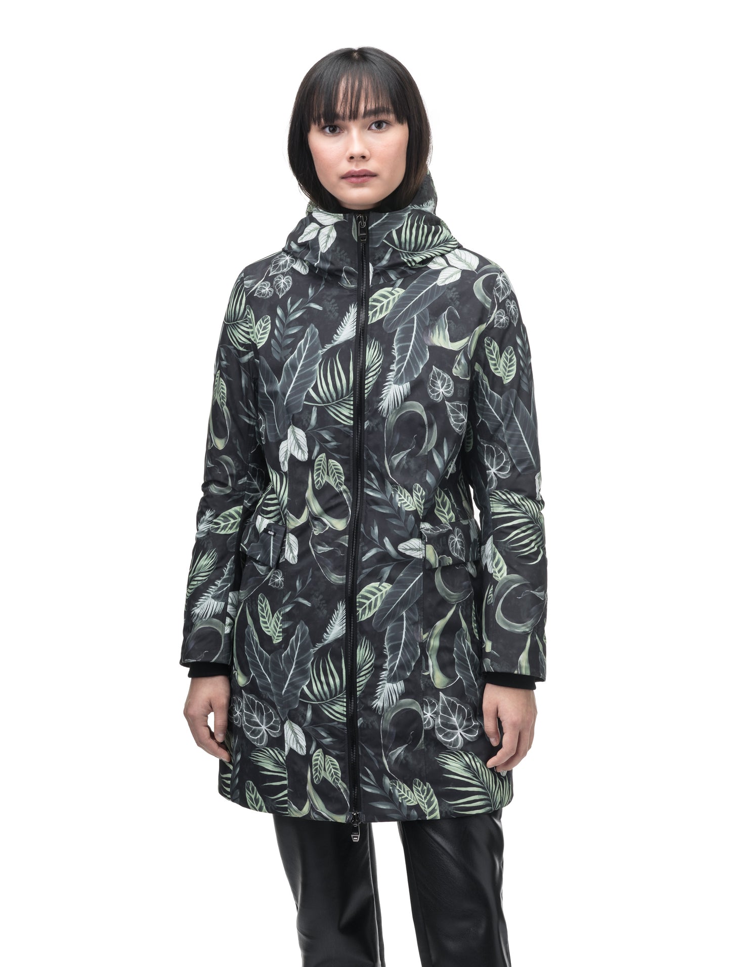 Romeda Ladies Mid Thigh Parka in thigh length, Canadian duck down insulation, non-removable hood with removable fur ruff trim, and two-way front zipper, in Foliage