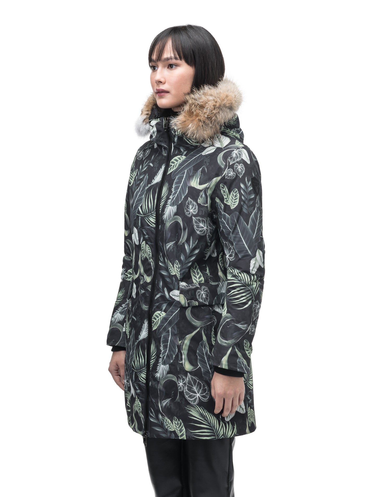 Romeda Ladies Mid Thigh Parka in thigh length, Canadian duck down insulation, non-removable hood with removable fur ruff trim, and two-way front zipper, in Foliage