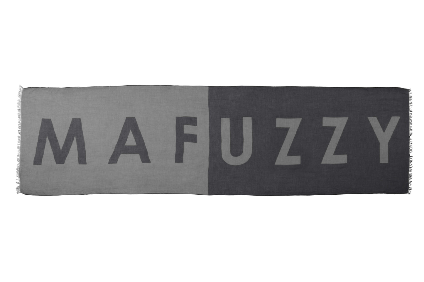 Six and a half foot long, unisex linen blend scarf with "MAFUZZY" text print in Concrete