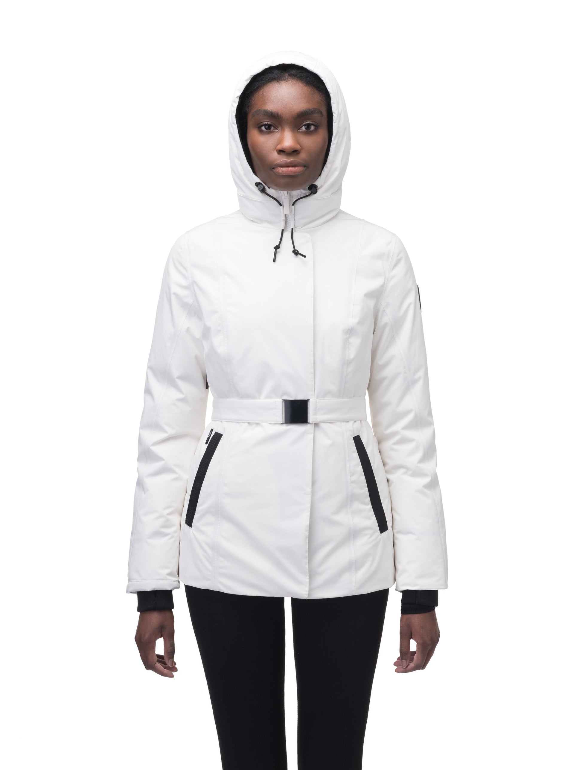 Ladies hip length down-filled parka with non-removable hood and adjustable belt in Chalk