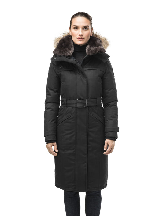 Women's knee length down filled parka with a belted waist and fully removable Coyote and Rex Rabbit fur ruffs in CH Black