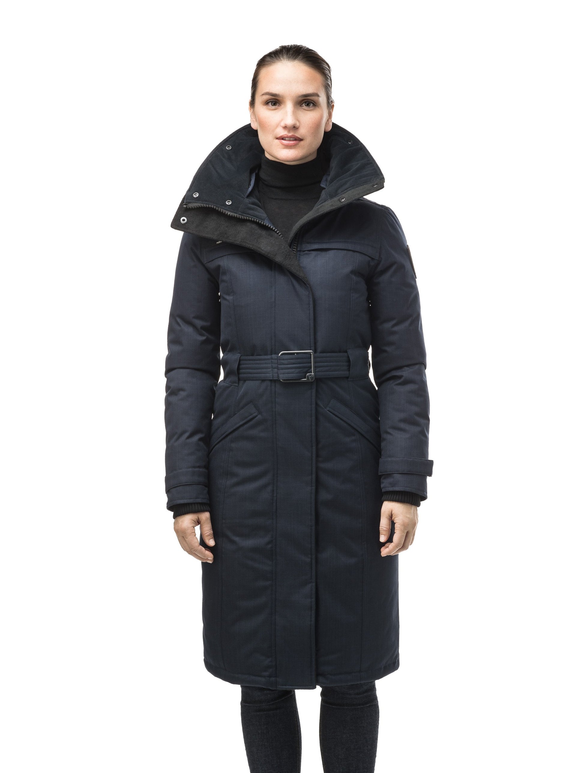 Women's knee length down filled parka with a belted waist and fully removable Coyote and Rex Rabbit fur ruffs in CH Navy