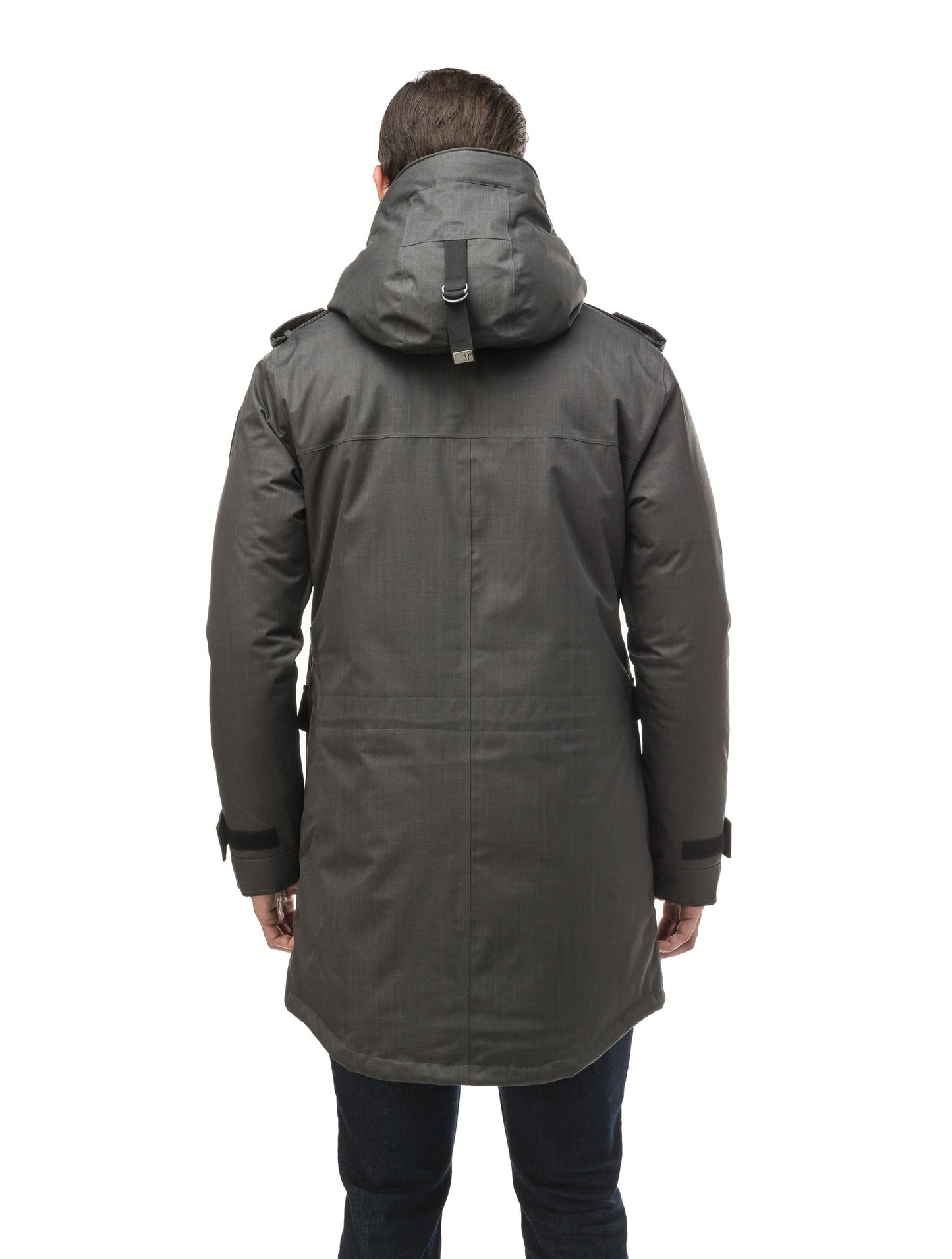 Men's down filled parka with faux button magnet closures and fur free hood with a fishtail hemline in Steel Grey