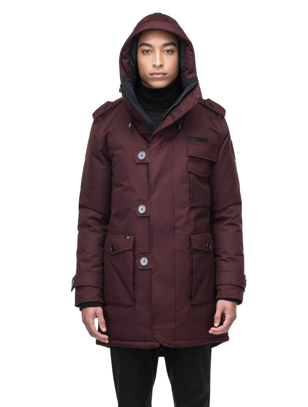 Men's down filled parka with faux button magnet closures and fur free hood with a fishtail hemline in Merlot