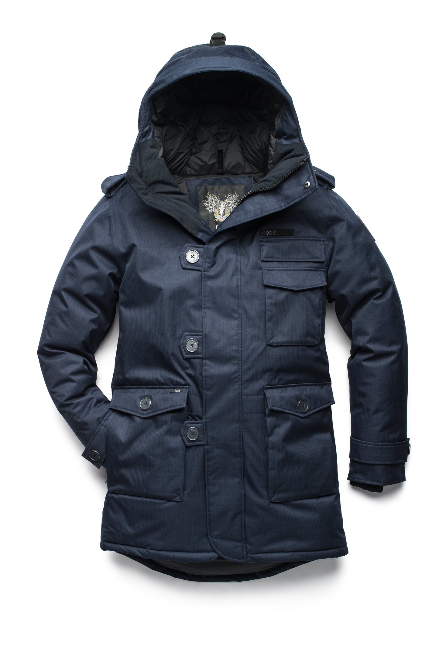 Men's down filled parka with faux button magnet closures and fur free hood with a fishtail hemline in CH Navy