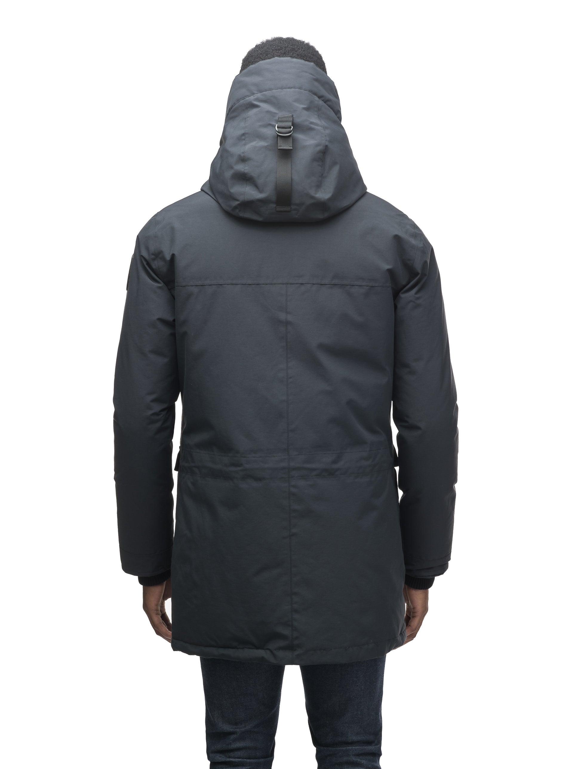 Men's lightweight thigh length down filled parka in Black