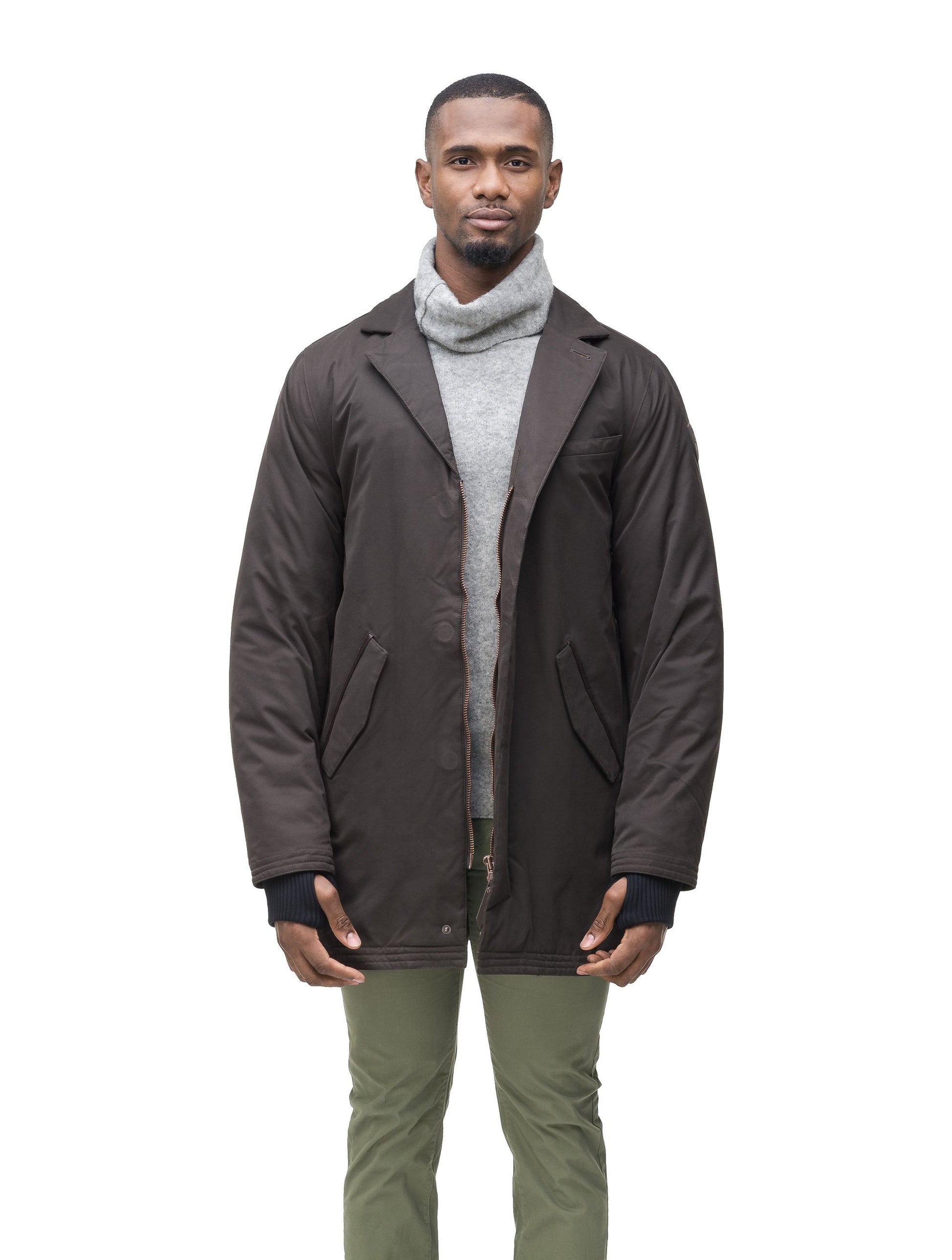 Men's classic overcoat that's lightly down filled, windproof and waterproof in Dark Brown