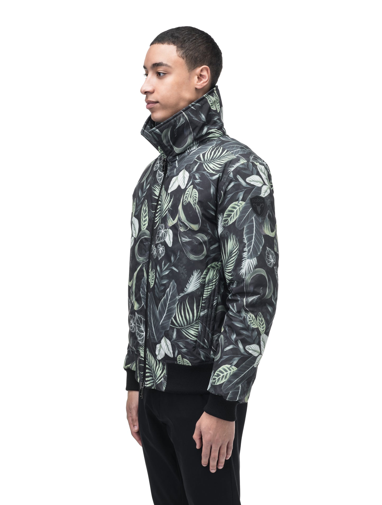 Sonar Men's Aviator Jacket in hip length, Canadian duck down insulation, removable shearling collar with hidden tuckable hood, and two-way front zipper, in Foliage