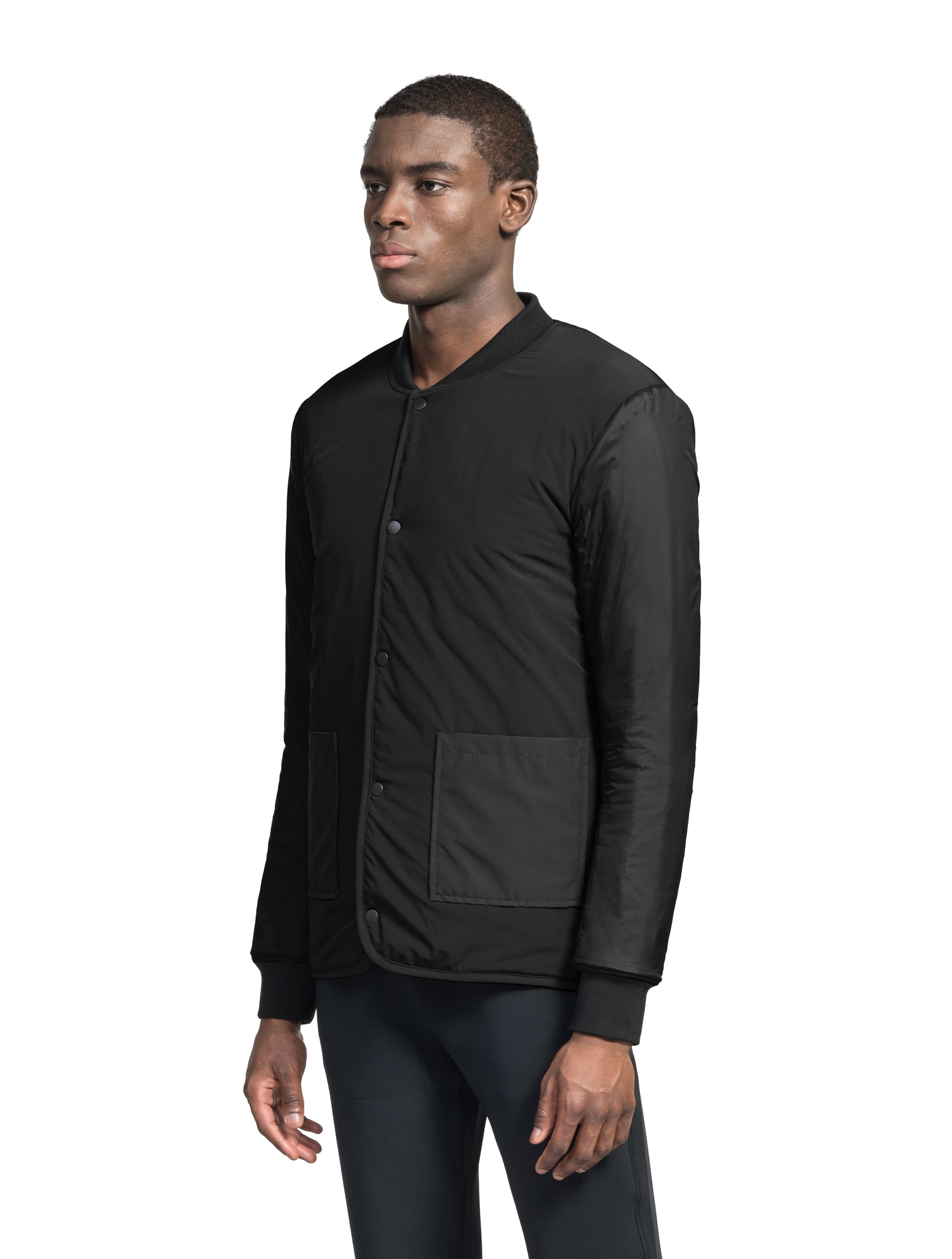 Speck Men's Tailored Mid Layer Jacket in hip length, Primaloft Gold Insulation Active+, diamond quilted body, rib knit collar and cuffs, snap buton front closure, and hidden side-entry zipper pockets at waist, in Black
