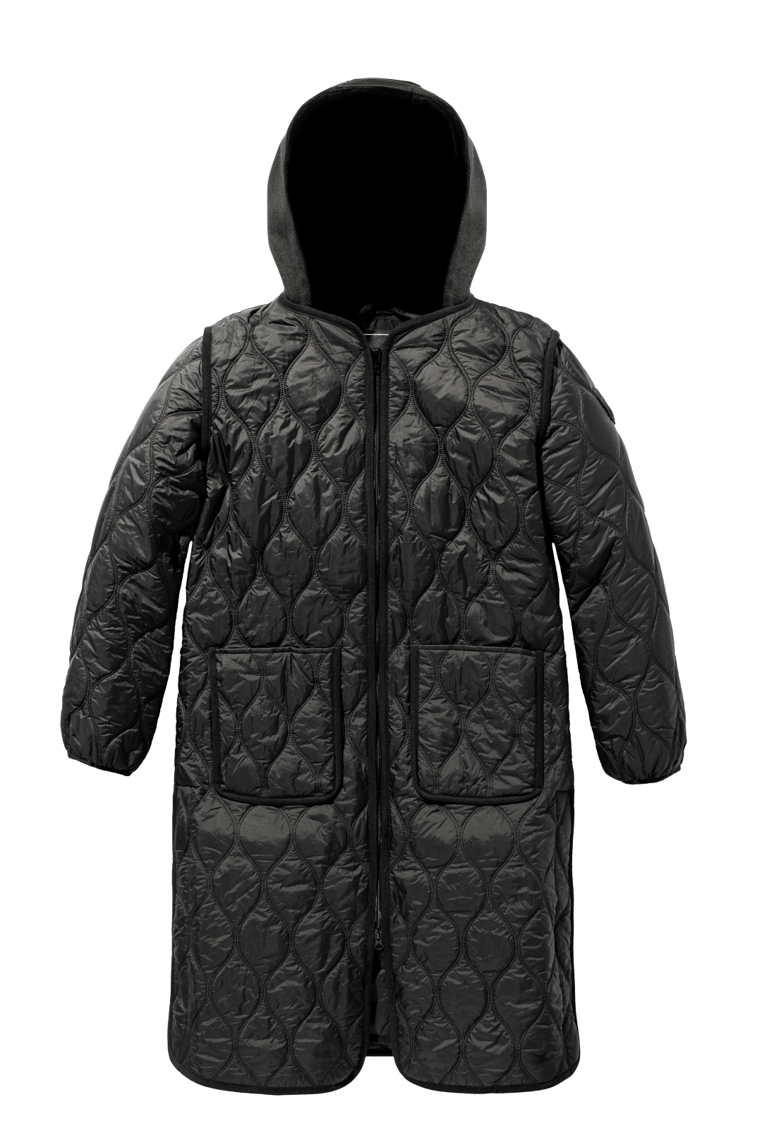 Suri Ladies Long Quilted Jacket in knee length, sustainable and environmentally friendly Primaloft Gold Insulation Active+, with removable fleece hood, two-way front zipper, diamond quilted body, in Black