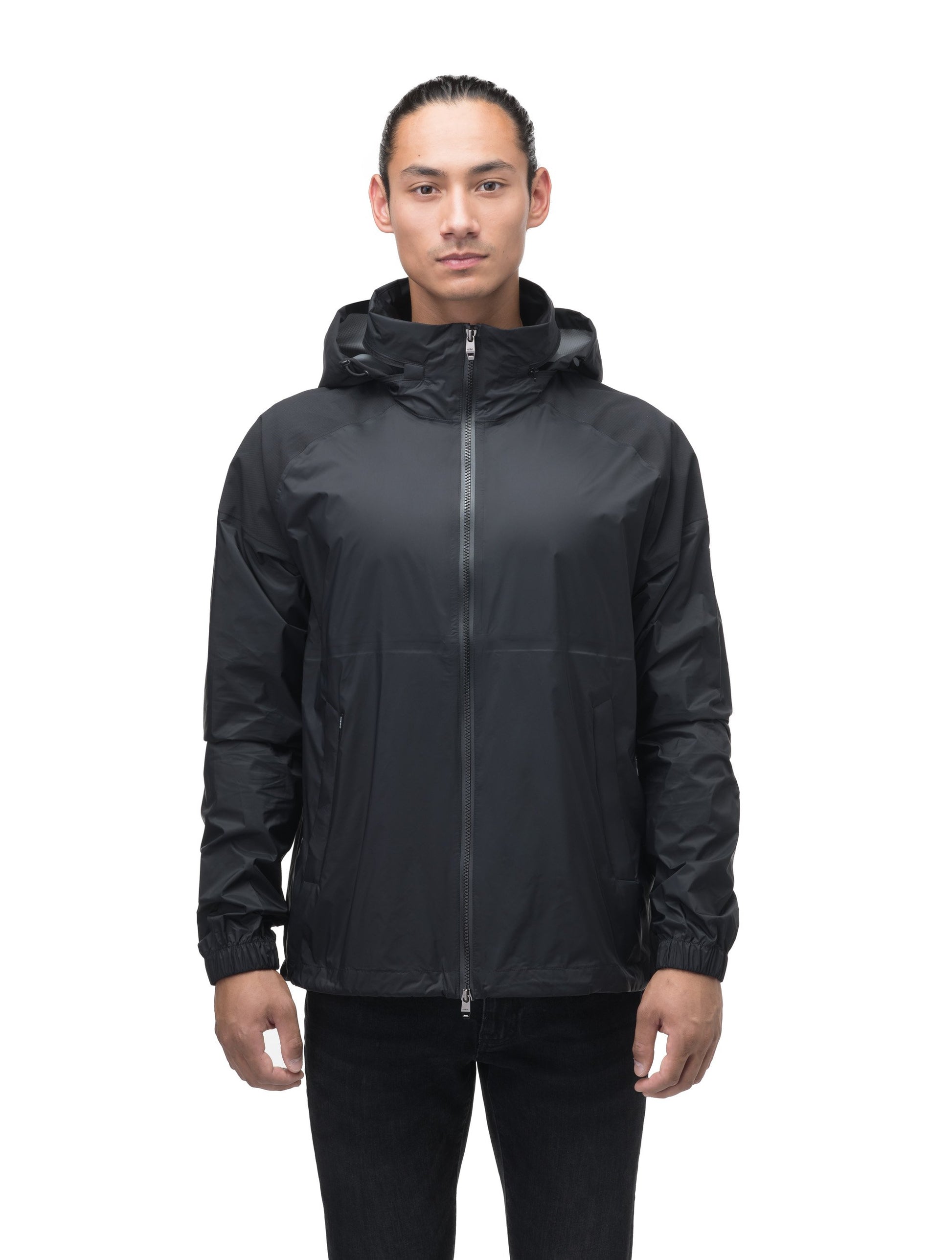 Men's hip length waterproof jacket with tuckable hood and 2-way zipper in Black