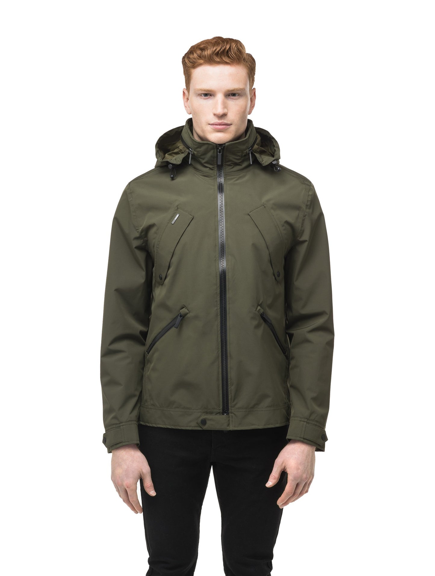 Men's waist length waterproof jacket with exposed zipper in Fatigue