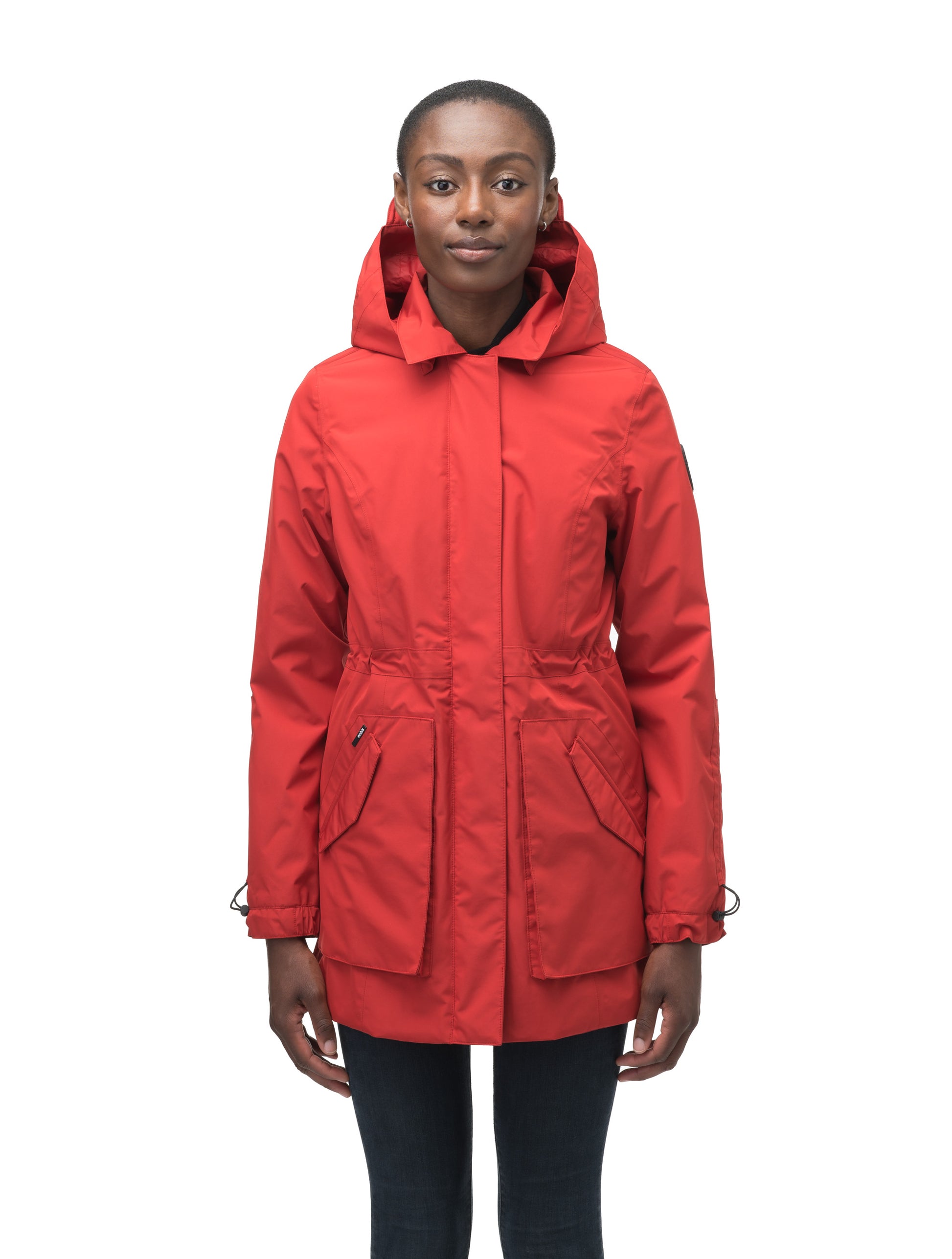 Women's thigh length raincoat with collar and non-removable hood in Vermillion