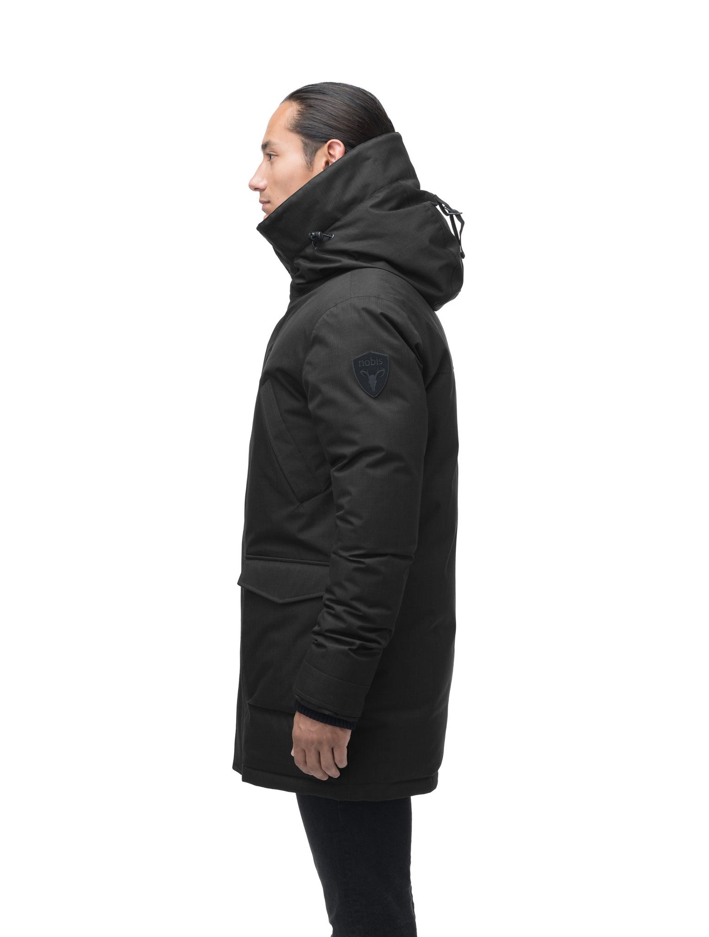 Men's thigh length down-filled parka with non-removable hood in Black