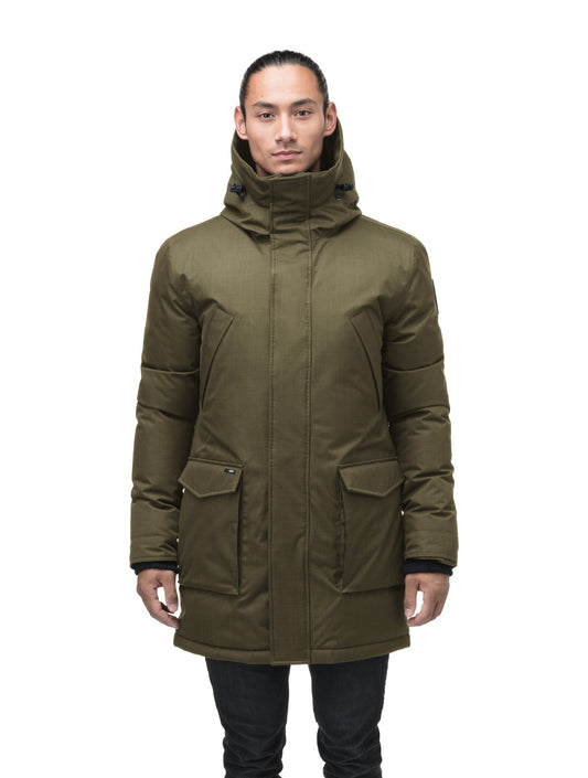 Men's thigh length down-filled parka with non-removable hood in Fatigue