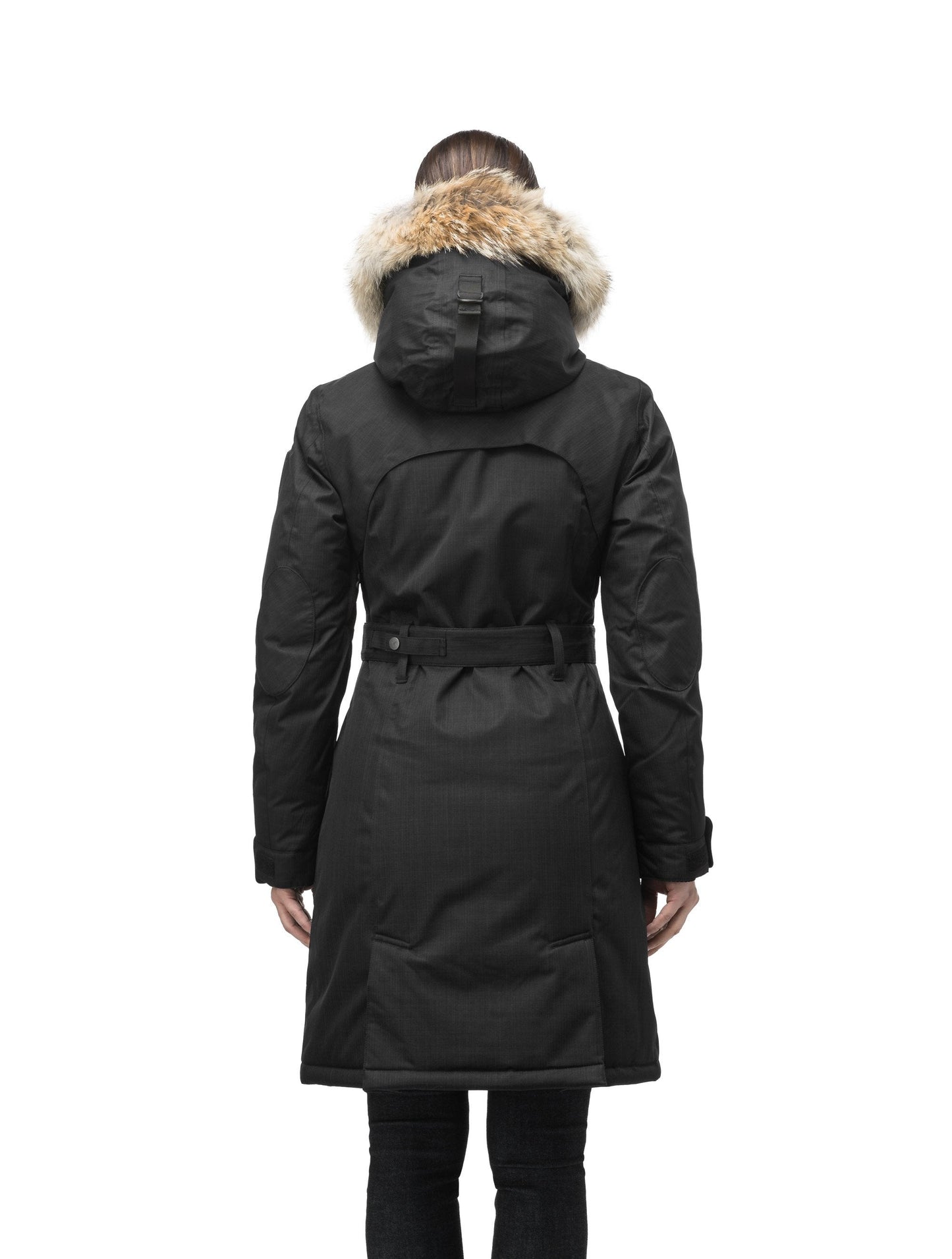 Women's down filled double breasted peacoat with a belted waist in CH Black